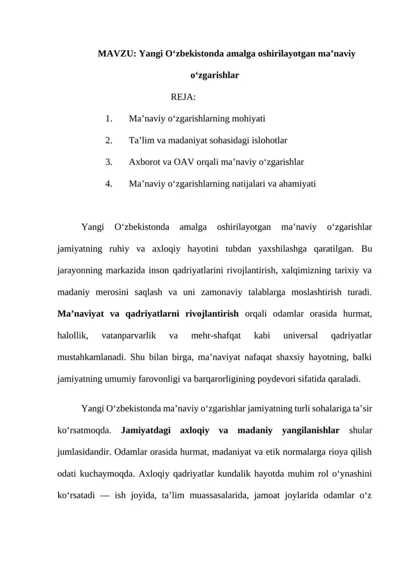 Yangi O‘zbekistonda amalga oshirilayotgan ma’naviy o‘zgarishlar 1