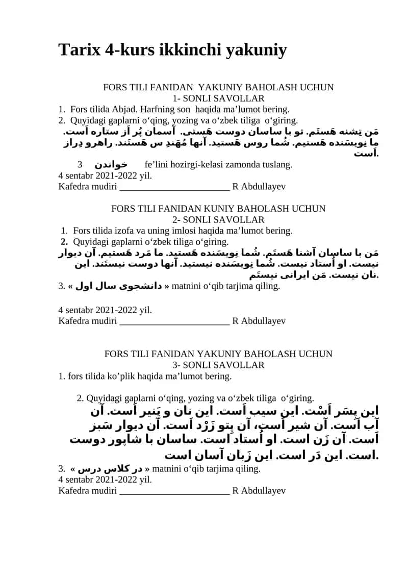 Fors Tili Fanidan Yakuniy Baholash Uchun 1