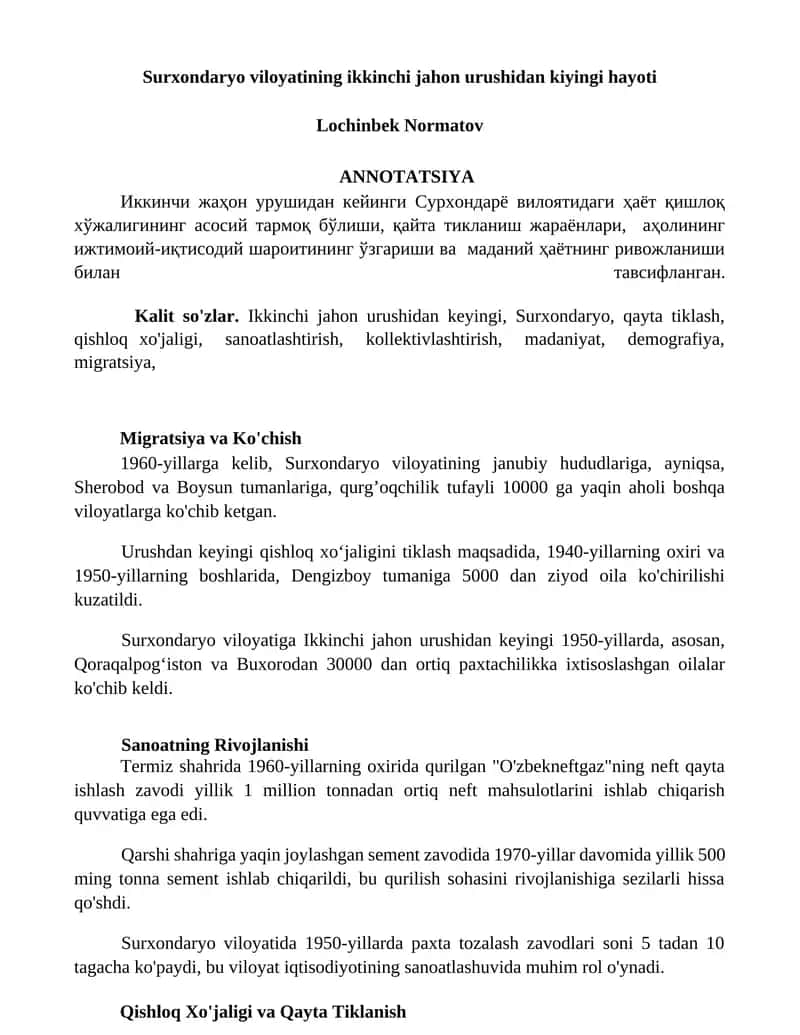 Surxondaryo viloyatining ikkinchi jahon urushidan kiyingi hayoti 1