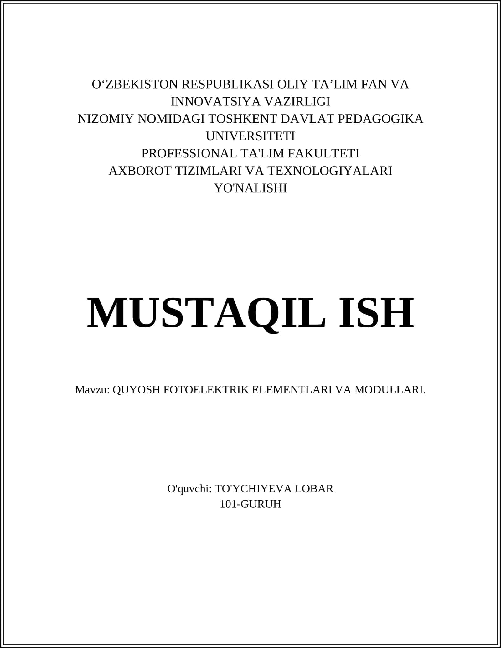 QUYOSH FOTOELEKTRIK ELEMENTLARI VA MODULLARI 1