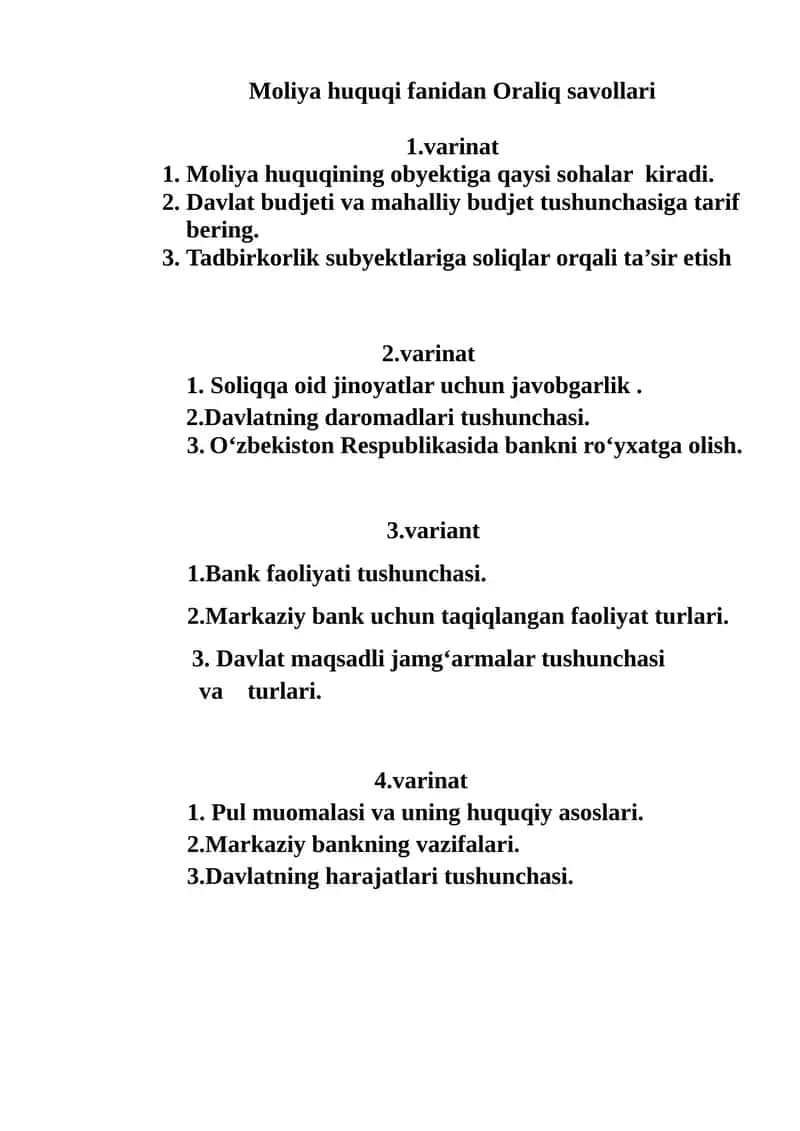 Moliya huquqi fanidan Oraliq savollari 1