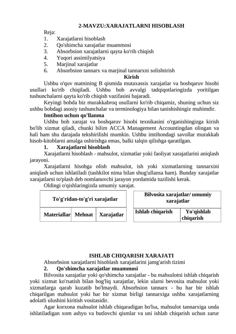 XARAJATLARNI HISOBLASH 1