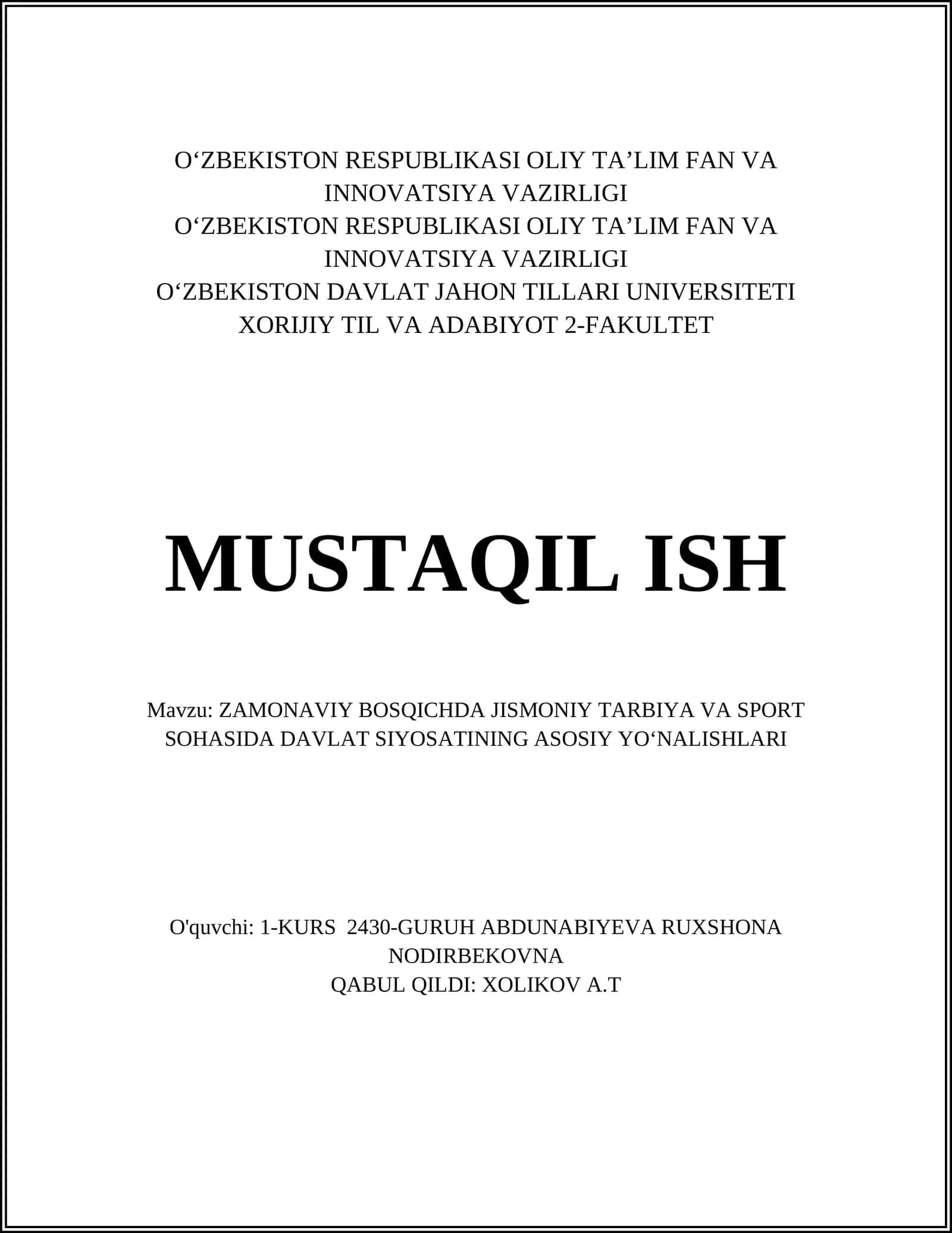 ZAMONAVIY BOSQICHDA JISMONIY TARBIYA VA SPORT SOHASIDA DAVLAT SIYOSATINING ASOSIY YOʻNALISHLARI 1