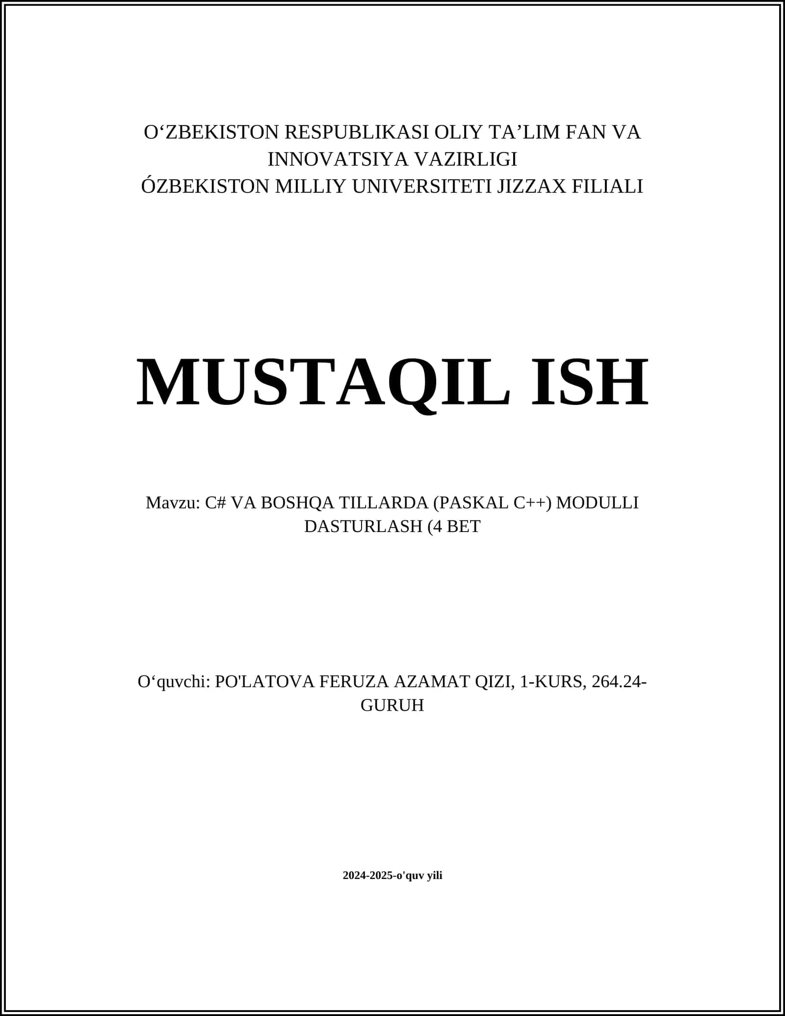 C# VA BOSHQA TILLARDA (PASKAL C++) MODULLI DASTURLASH (4 BET) 1
