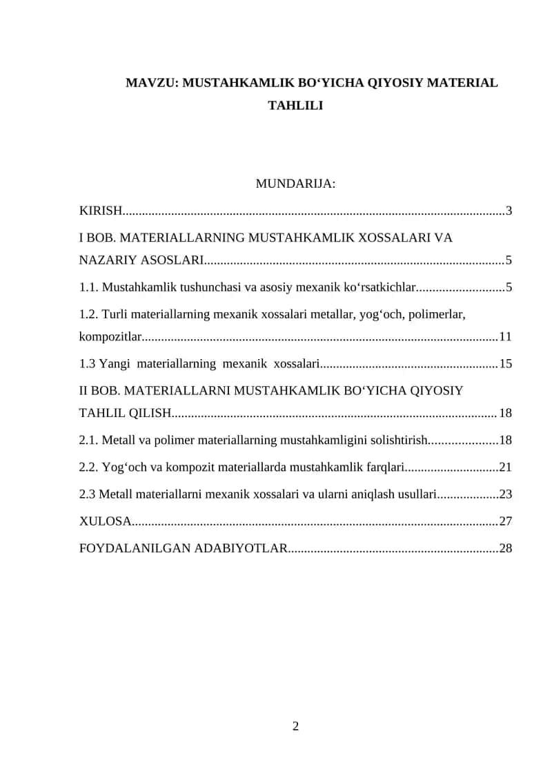 MUSTAHKAMLIK BO‘YICHA QIYOSIY MATERIAL TAHLILI 1