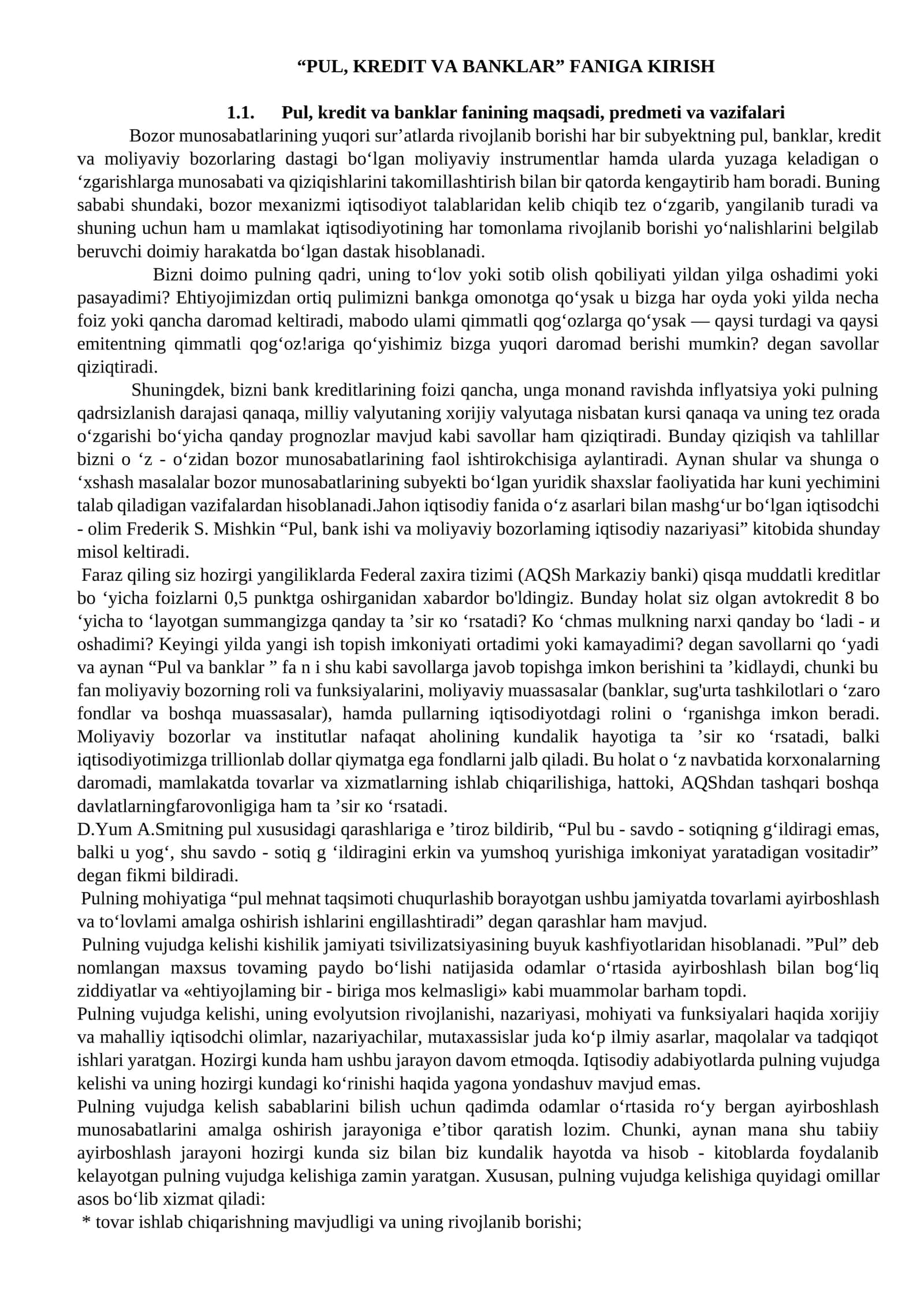 PUL, KREDIT VA BANKLAR FANIGA 1