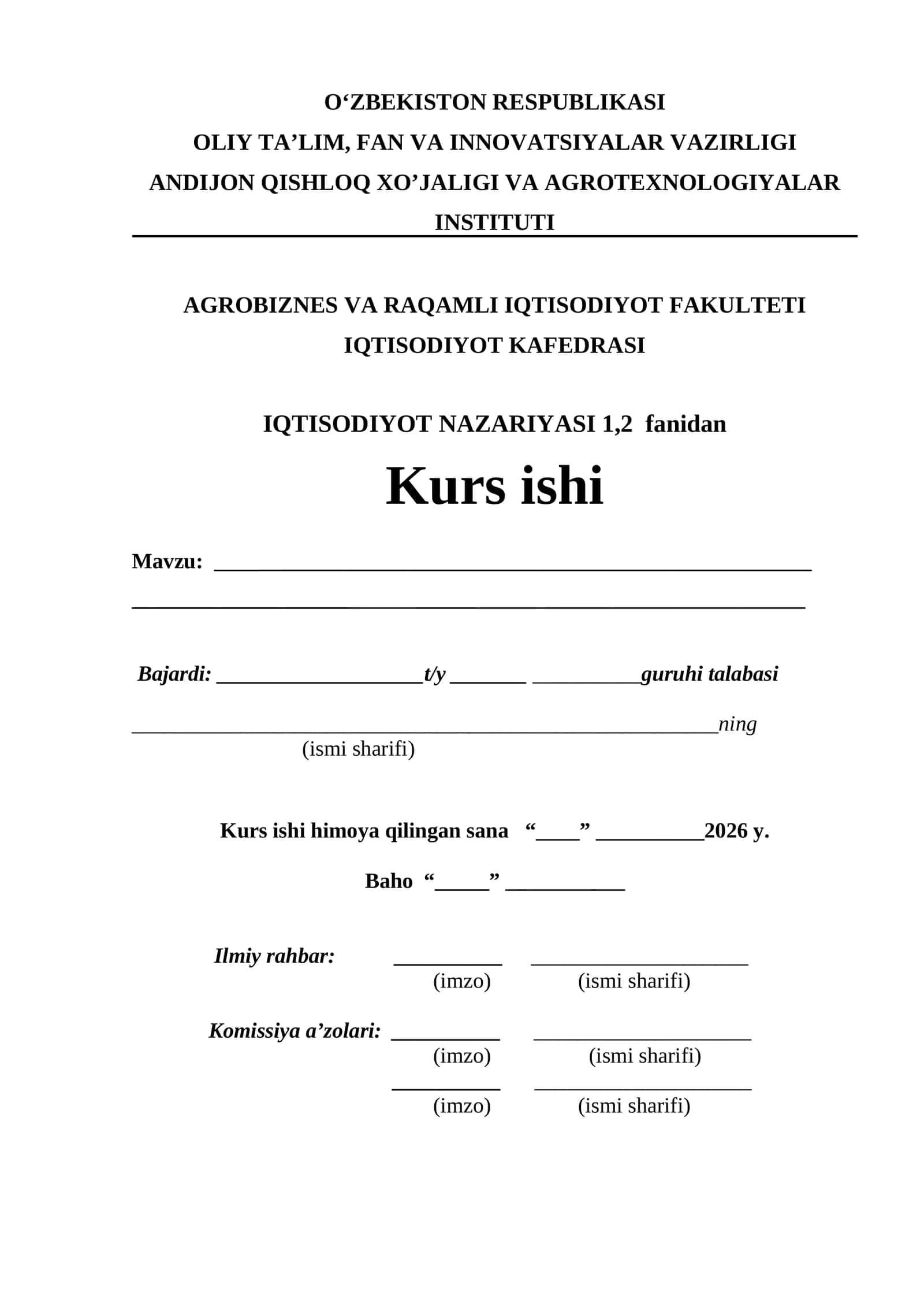 IQTISODIYOT NAZARIYASI 1,2 fanidan Kurs ishi 1