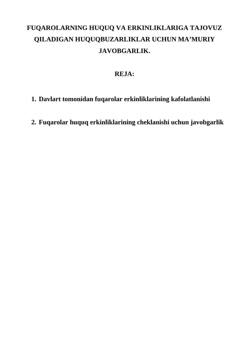Fuqarolarning Huquq va Erkinliklariga Tajo'zuz Qiladigan Huquqbuzarliklar Uchun Ma'muriy Javobgarlik 1