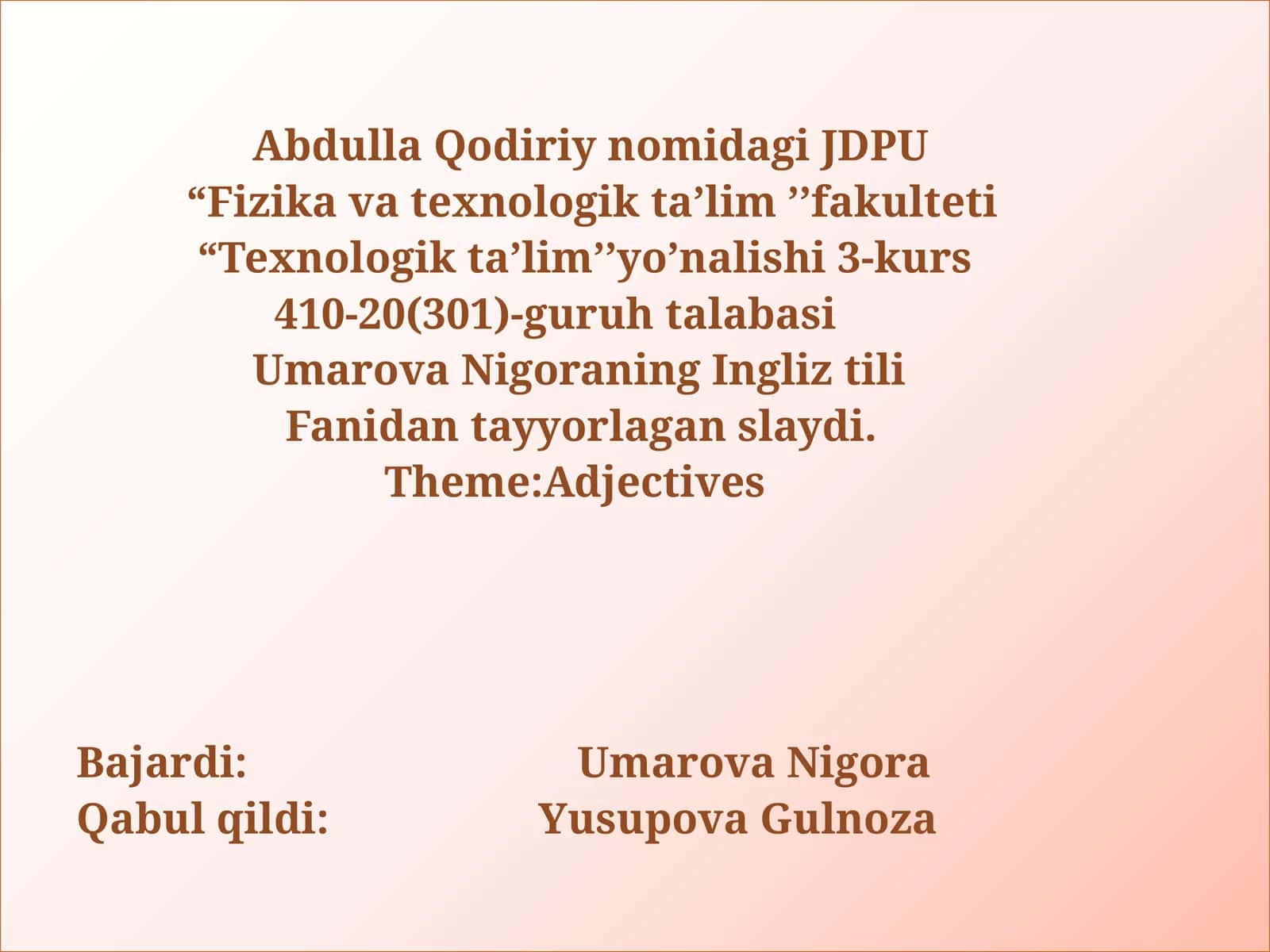 Ingliz tili fanidan tayyorlagan slayd 1
