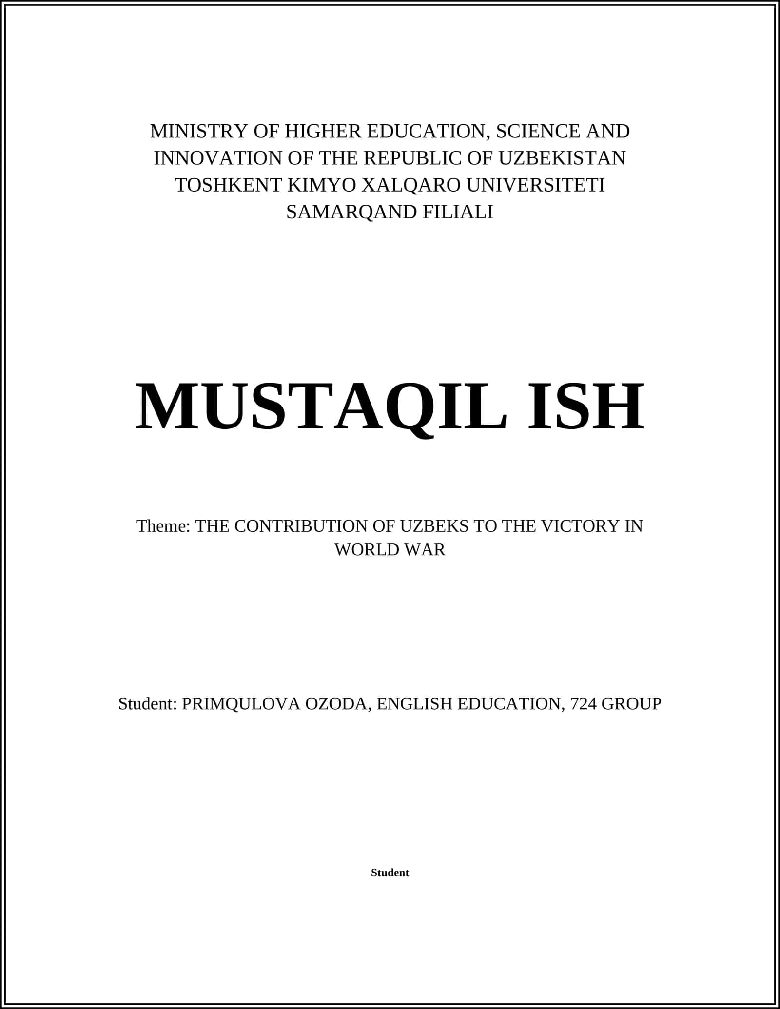The CONTRIBUTION OF UZBEKS TO THE VICTORY IN WORLD WAR 1