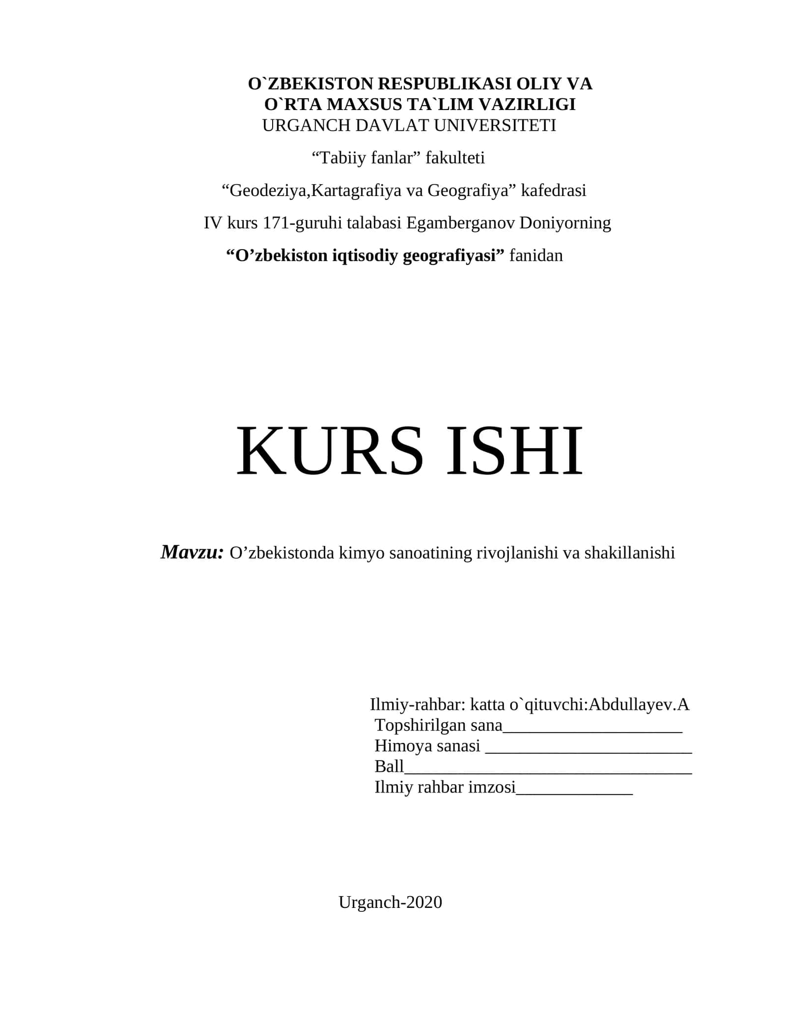 O’zbekiston iqtisodiy geografiyasi kurs ishi 1