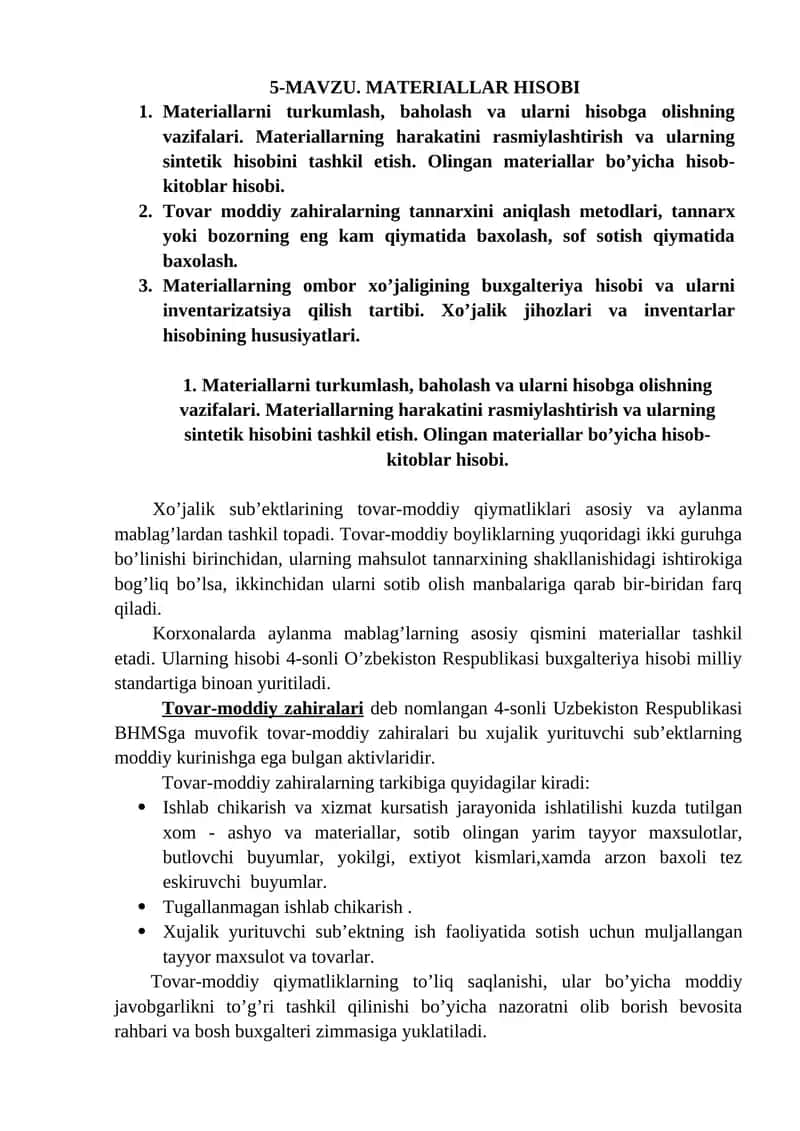 Materiallarni turkumlash va baholash 1