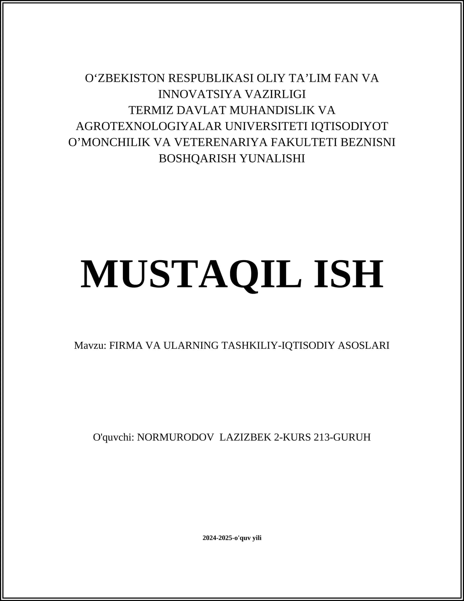 FIRMA VA ULARNING TASHKILIY-IQTISODIY ASOSLARI 1