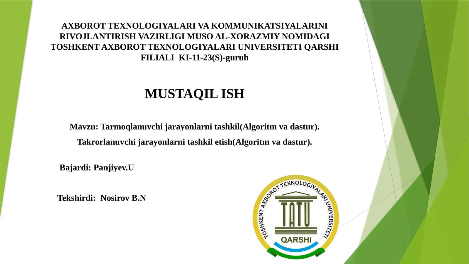 Tarmoqlanuvchi jarayonlarni tashkil etish (Algoritm va dastur) 1