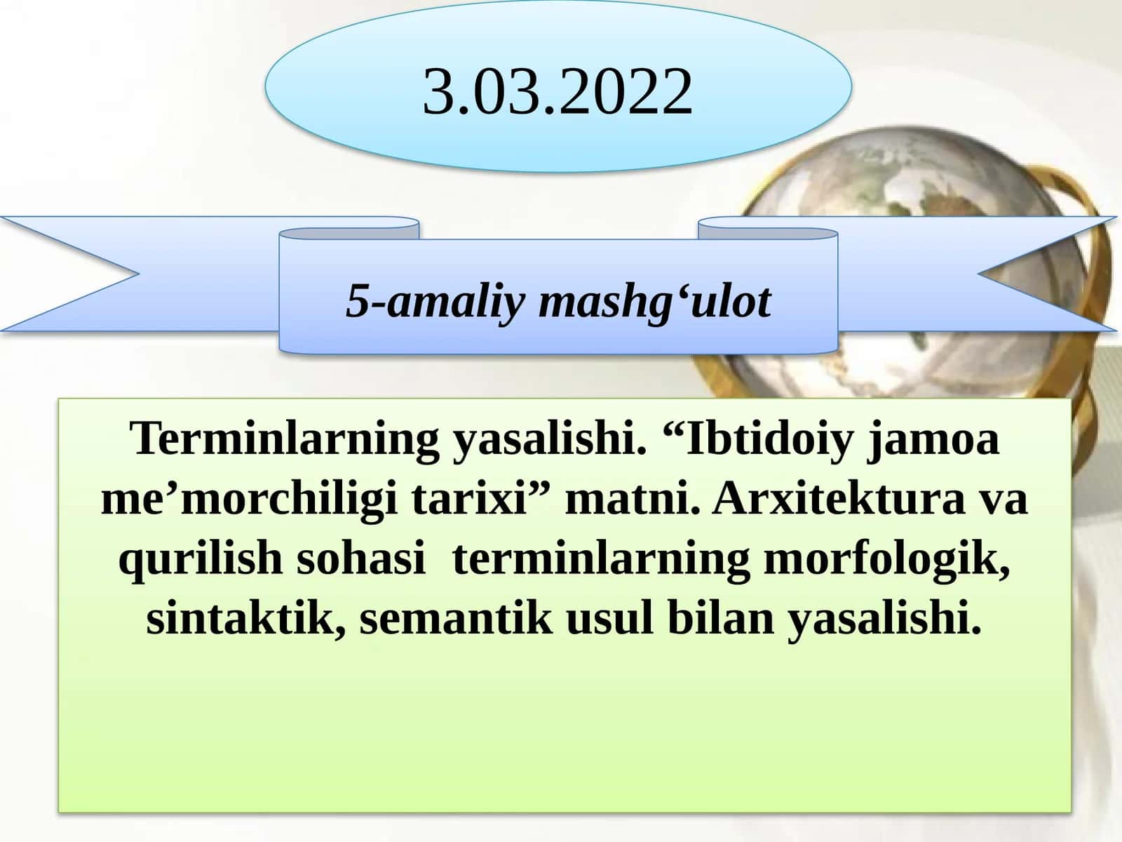 Terminlarning yasalishi. “Ibtidoiy jamoa me’morchiligi tarixi” matni. Arxitektura va qurilish sohasiterminlarning morfologik, sintaktik, semantik usul bilanyasalishi 1