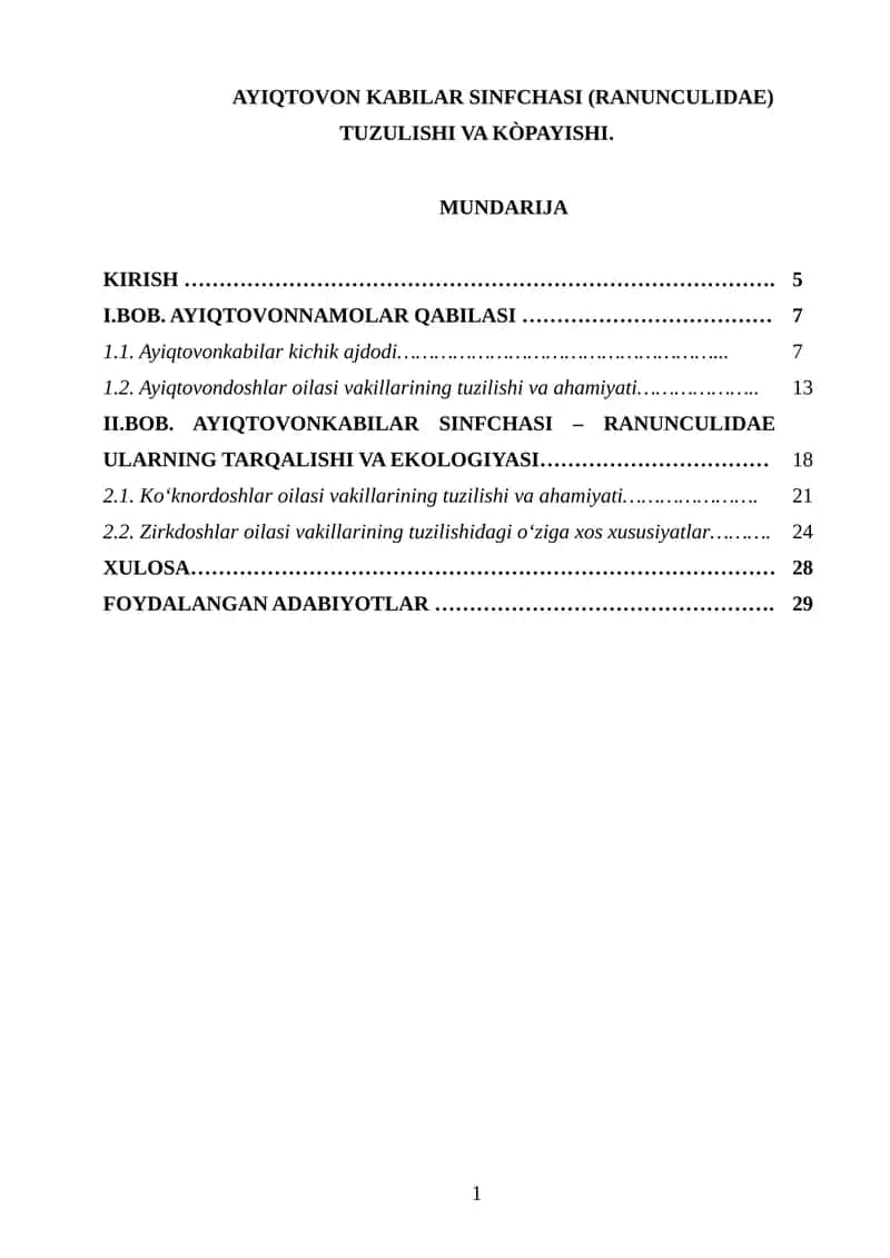 AYIQTOVON KABILAR SINFCHASI (RANUNCULIDAE) TUZULISHI VA KÒPAYISHI 1
