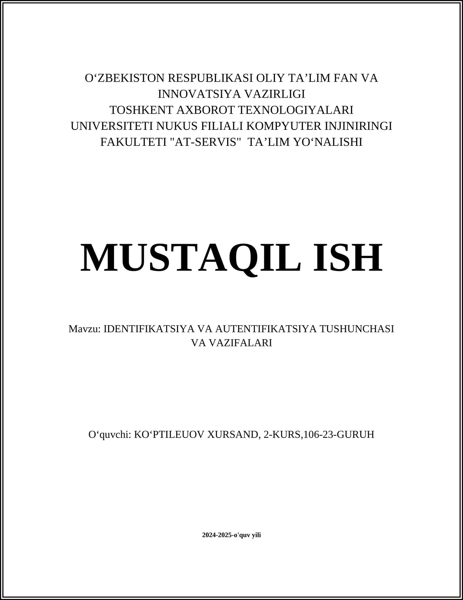 IDENTIFIKATSIYA VA AUTENTIFIKATSIYA TUSHUNCHASI VA VAZIFALARI 1