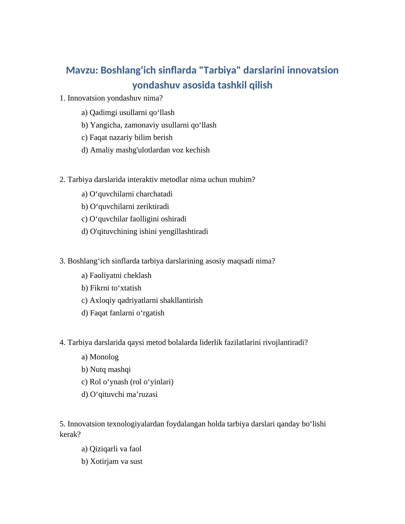 Boshlangʻich sinflarda "Tarbiya" darslarini innovatsion yondashuv asosida tashkil qilish 1