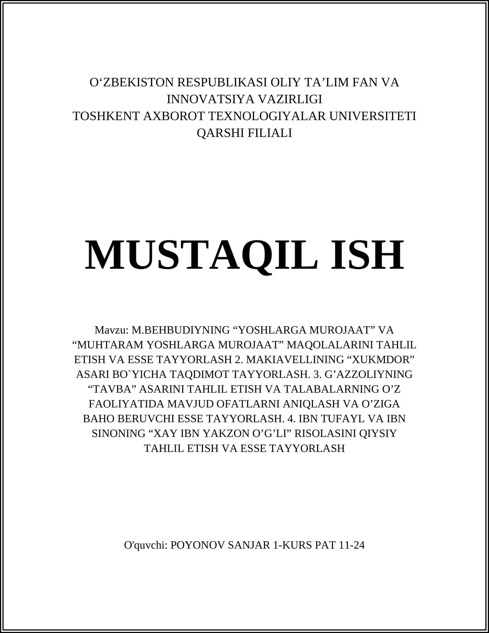 M.BEHBUDIYNING “YOSHLARGA MUROJAAT” VA “MUHTARAM YOSHLARGA MUROJAAT” MAQOLALARINI TAHLIL ETISH VA ESSE TAYYORLASH 1