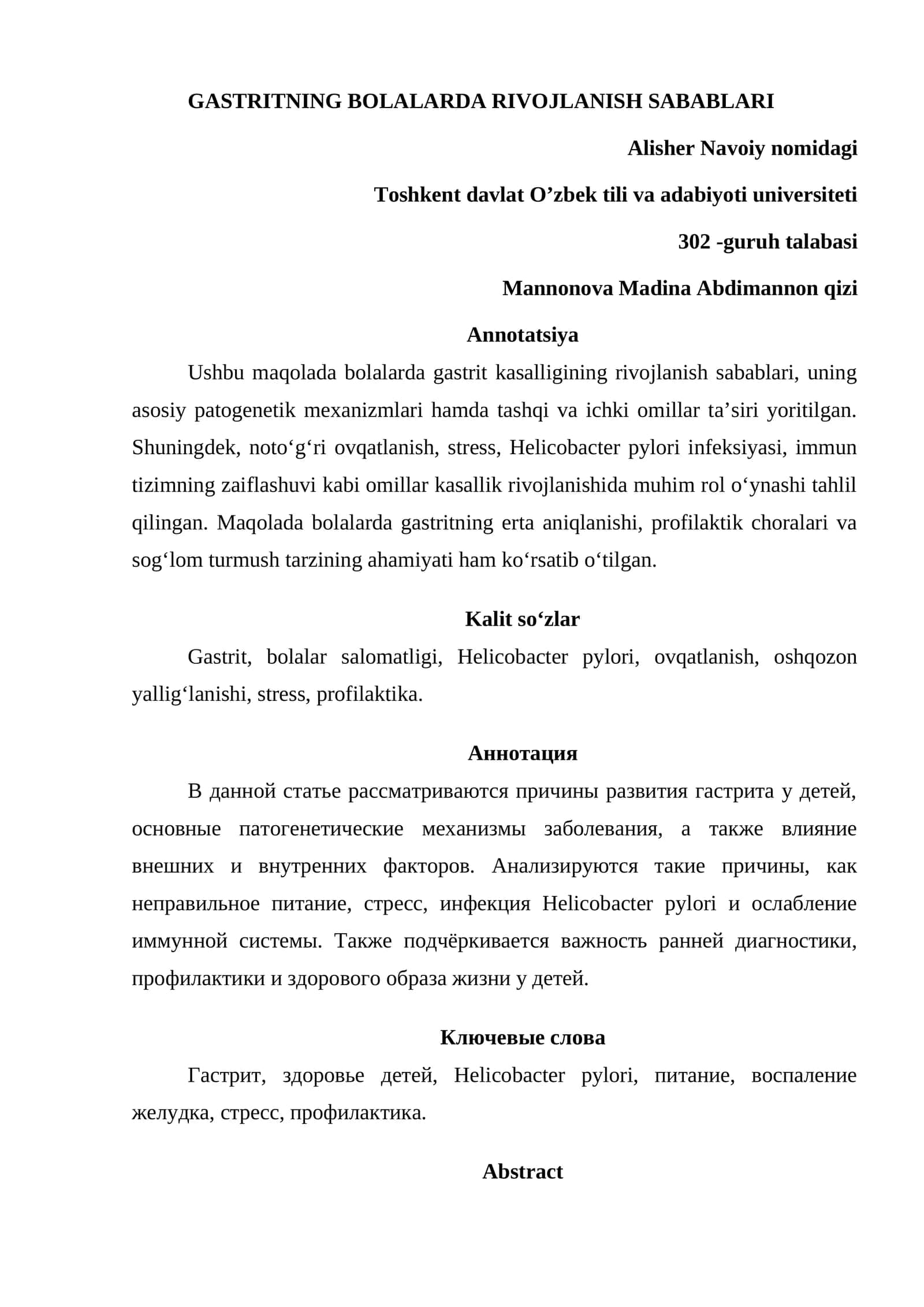 GASTRITNING BOLALARDA RIVOJLANISH SABABLARI 1