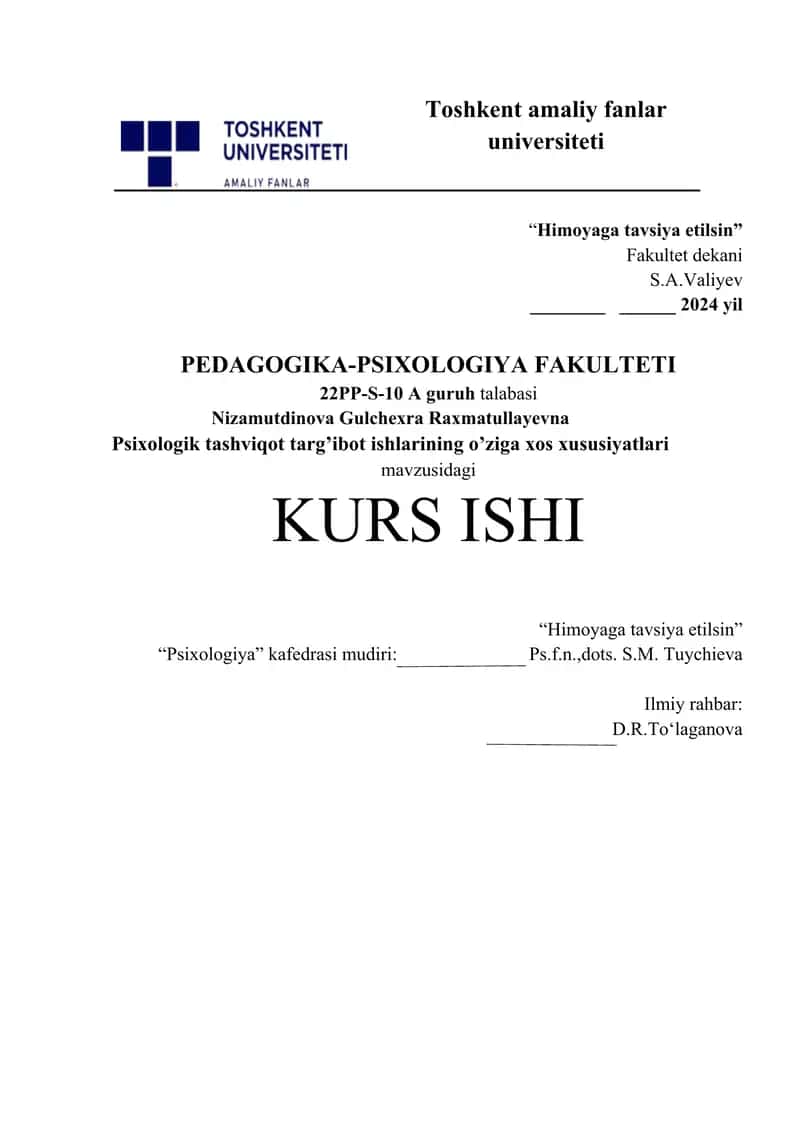 Psixologik tashviqot targ’ibot ishlarining o’ziga xos xususiyatlari. 1