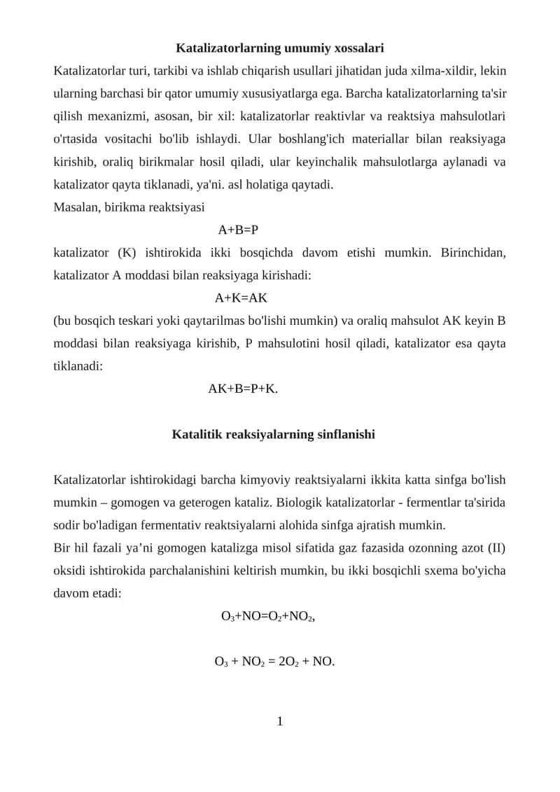 Katalizatorlarning umumiy xossalari 1