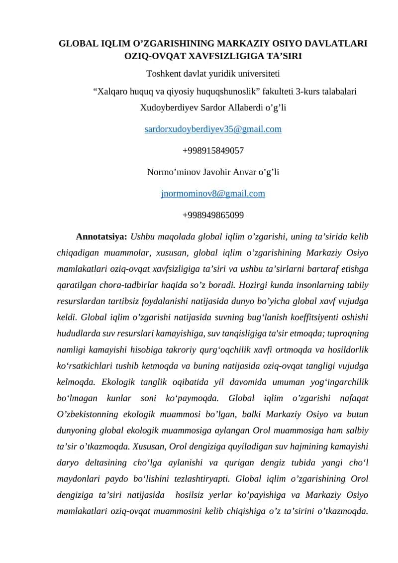 GLOBAL IQLIM O’ZGARISHINING MARKAZIY OSIYO DAVLATLARI OZIQ-OVQAT XAVFSIZLIGIGA TA’SIRI 1