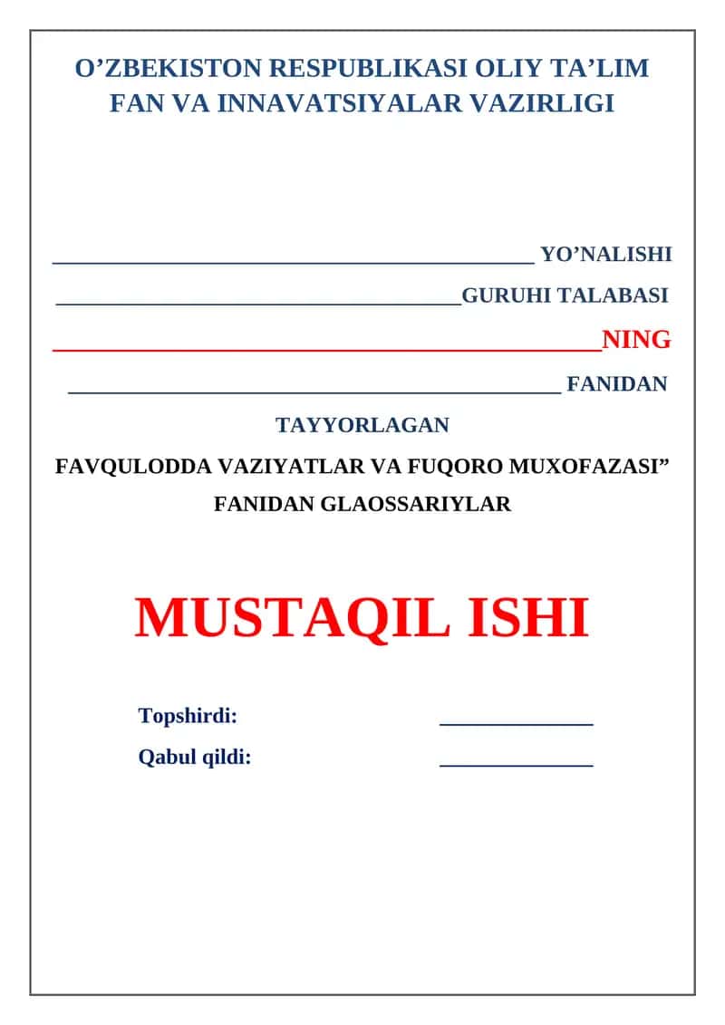 "FAVQULODDA VAZIYATLAR VA FUQORO MUXOFAZASI" FANIDAN GLAOSSARIYLAR 1
