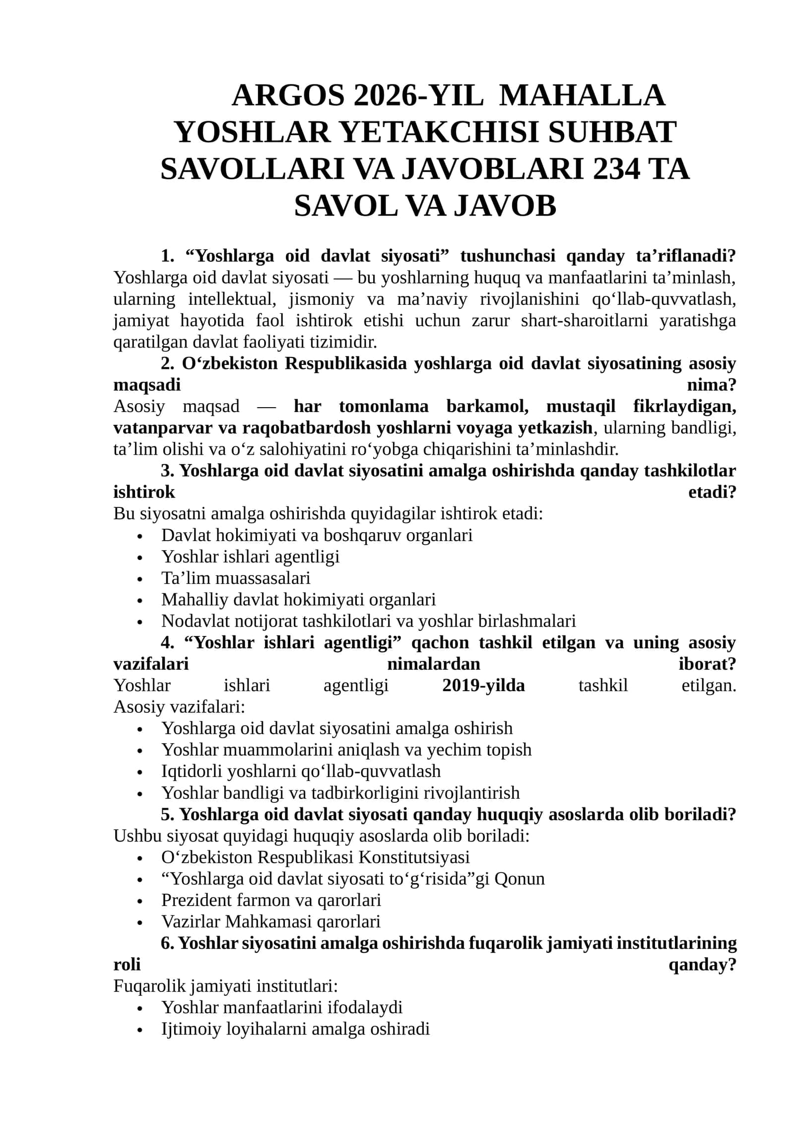 ARGOS 2026-YIL MAHALLA YOSHLAR YETAKCHISI SUHBAT SAVOLLARI VA JAVOBLARI 234 TA SAVOL VA JAVOB 1