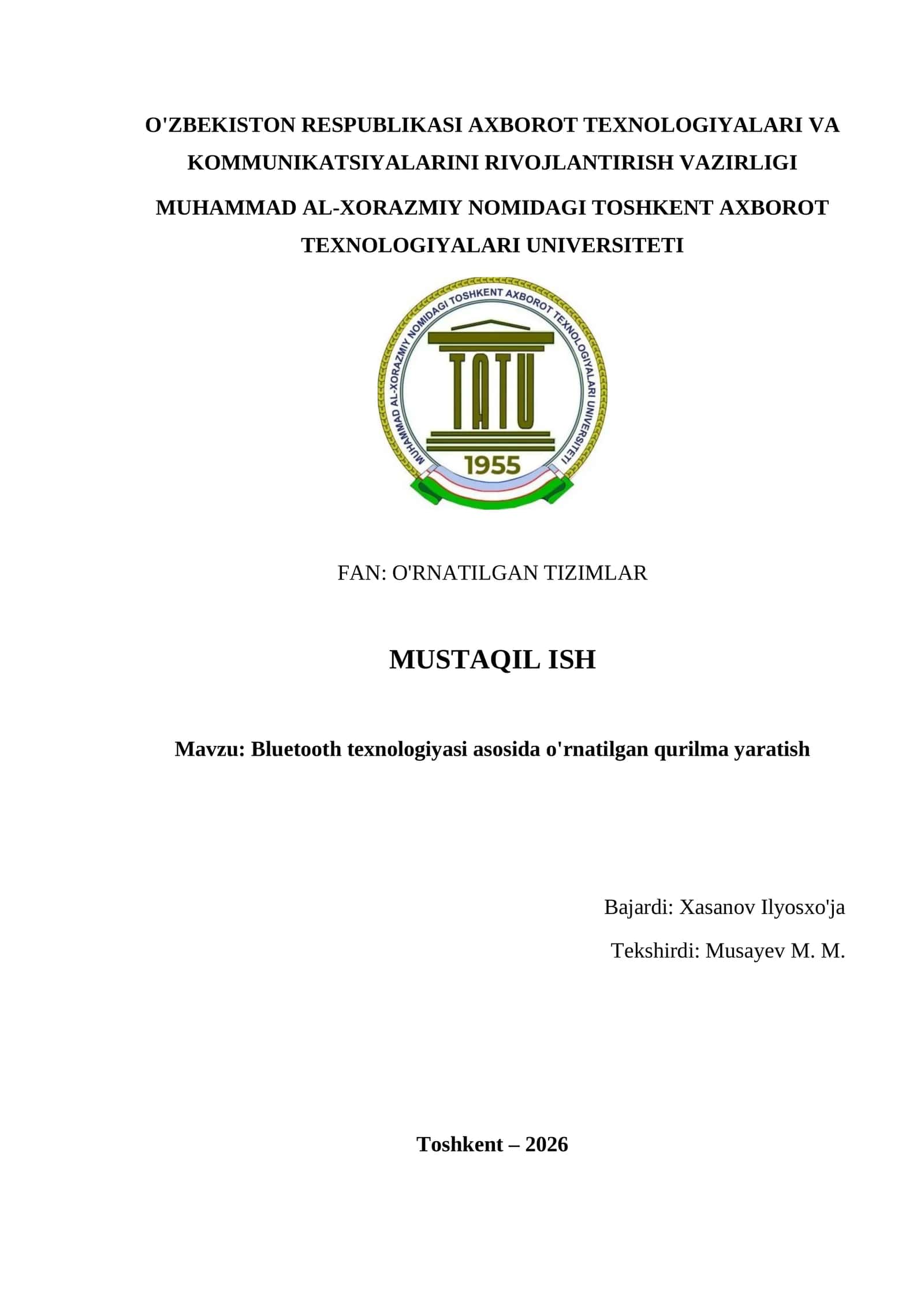 Bluetooth texnologiyasi asosida o'rnatilgan qurilma yaratish 1
