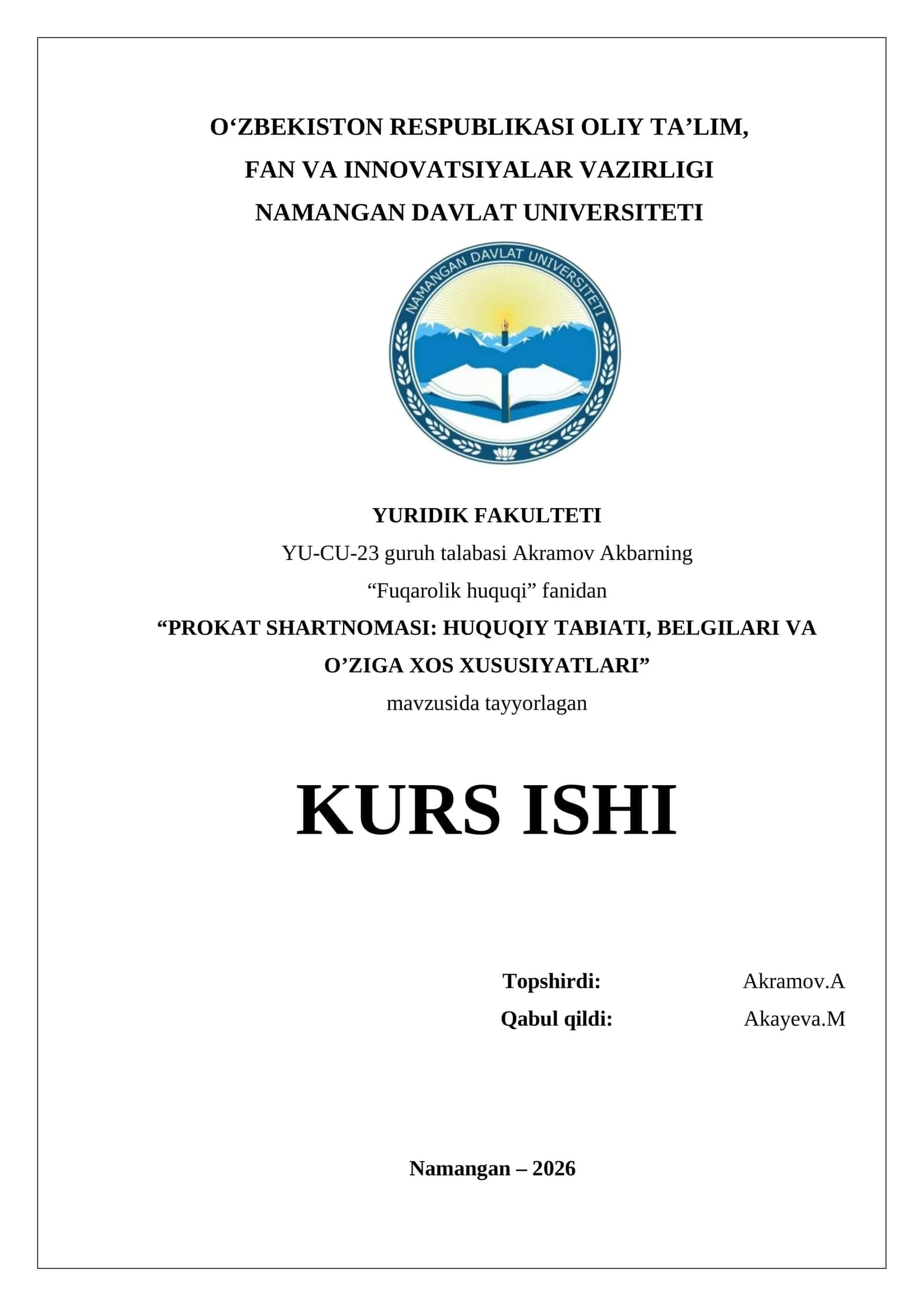 PROKAT SHARTNOMASI: HUQUQIY TABIATI, BELGILARI VA O’ZIGA XOS XUSUSIYATLARI 1