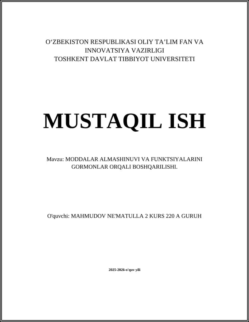 MODDALAR ALMASHINUVI VA FUNKTSIYALARINI GORMONLAR ORQALI BOSHQARILISHI 1