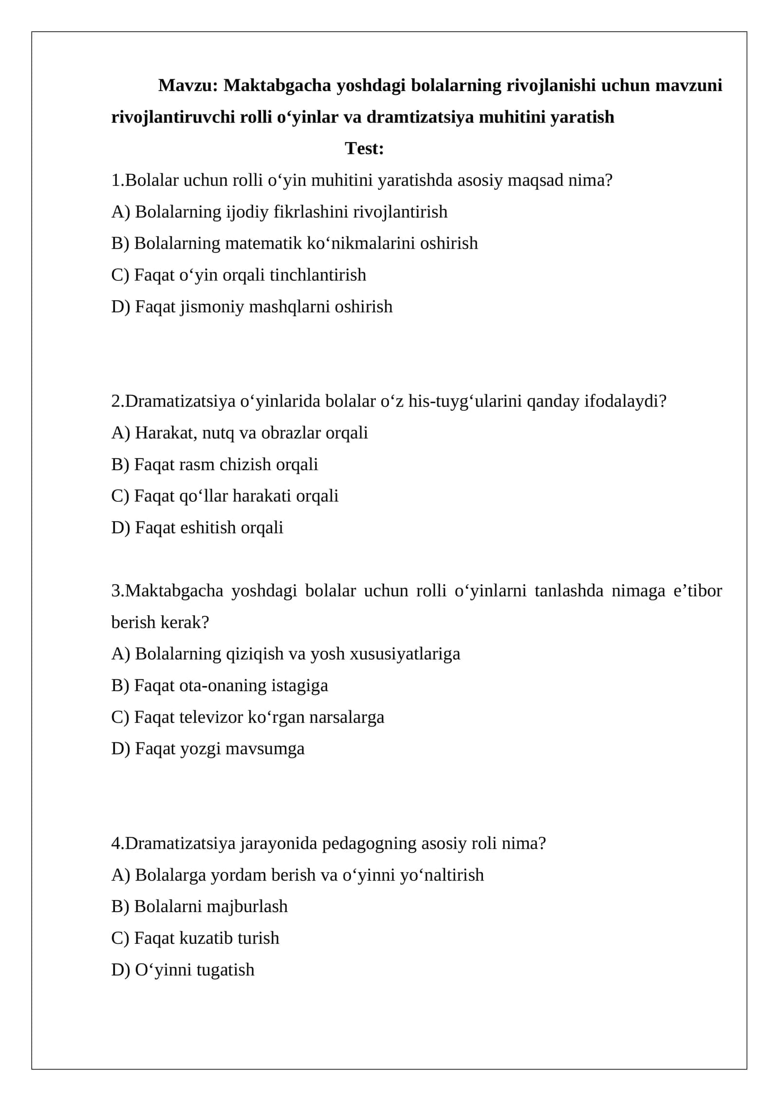 Maktabgacha yoshdagi bolalarning rivojlanishi uchun rolli oʻyinlar va dramtizatsiya muhitini yaratish 1