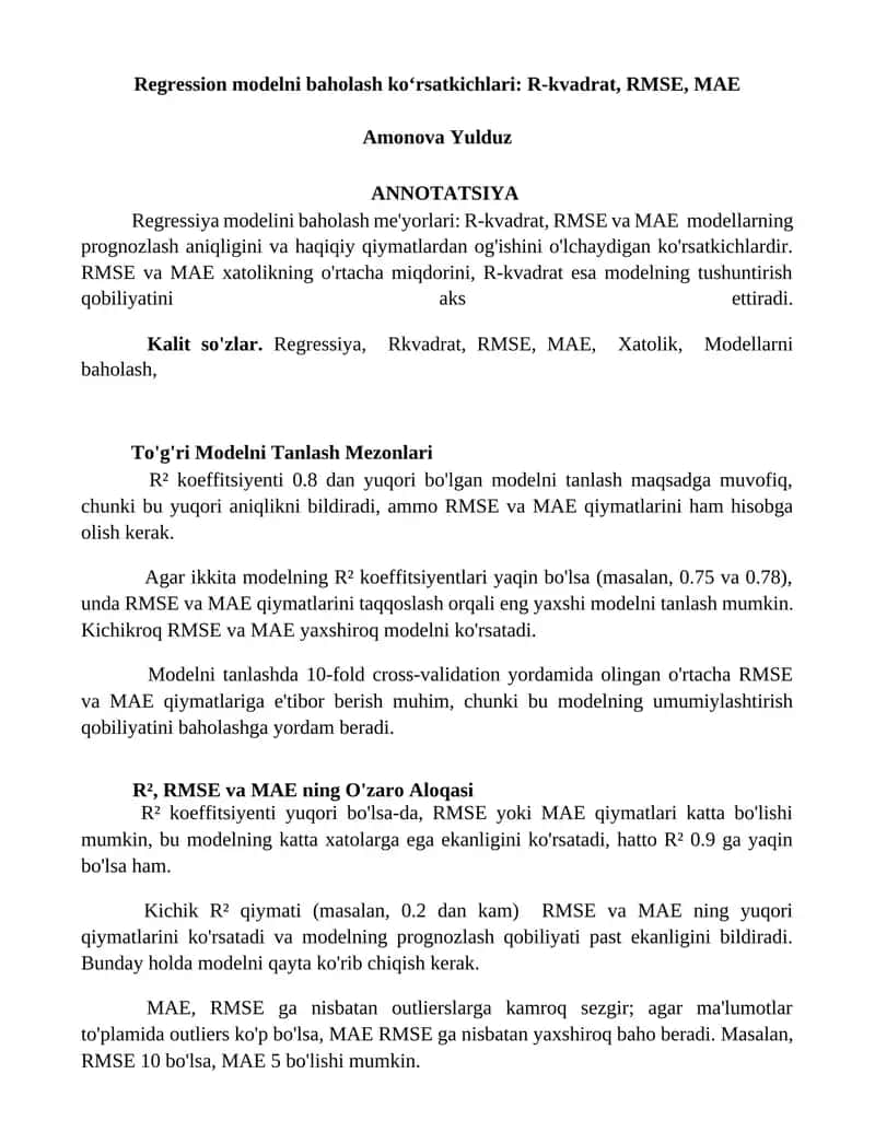Regression modelni baholash ko‘rsatkichlari: R-kvadrat, RMSE, MAE 1