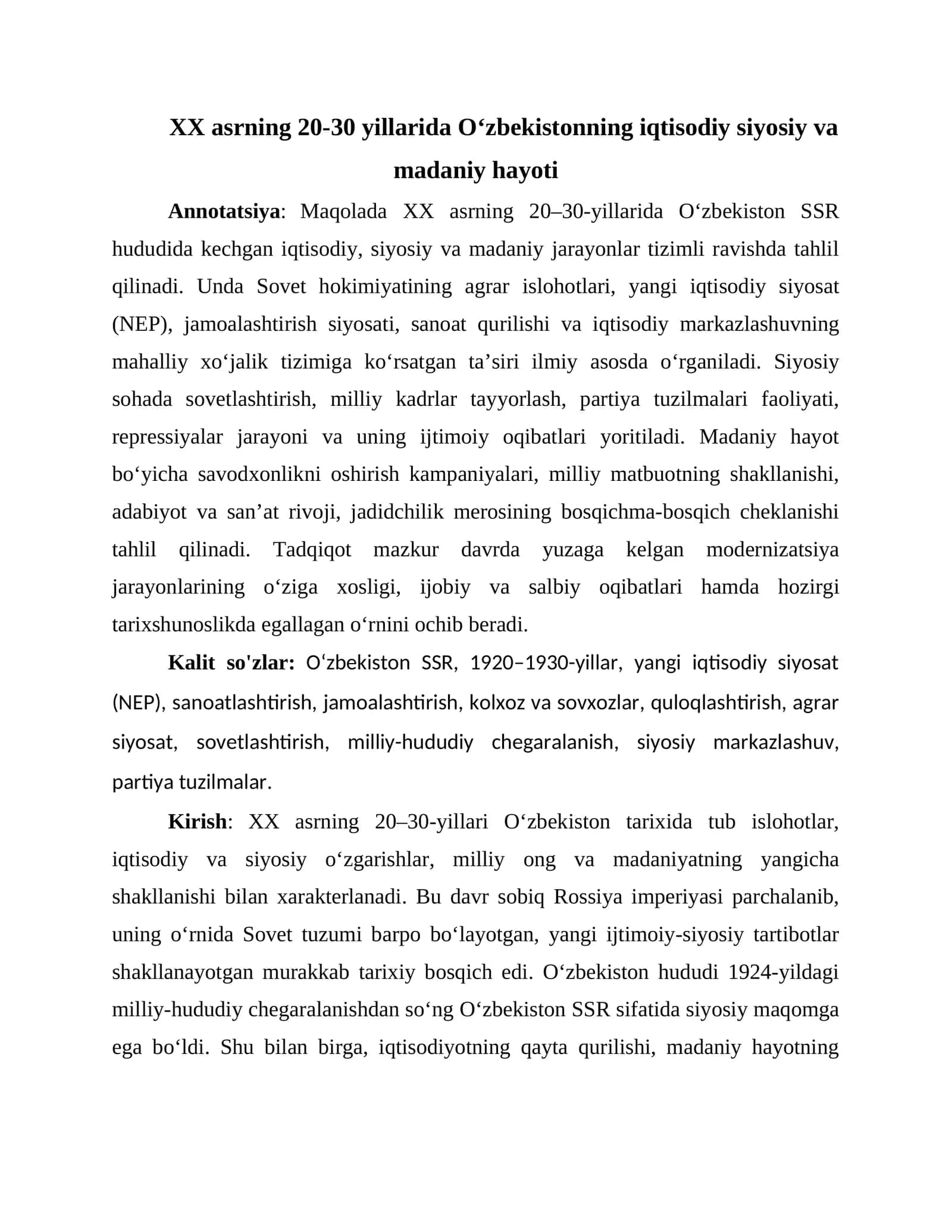 XX asrning 20-30 yillarida Oʻzbekistonning iqtisodiy siyosiy va madaniy hayoti 1