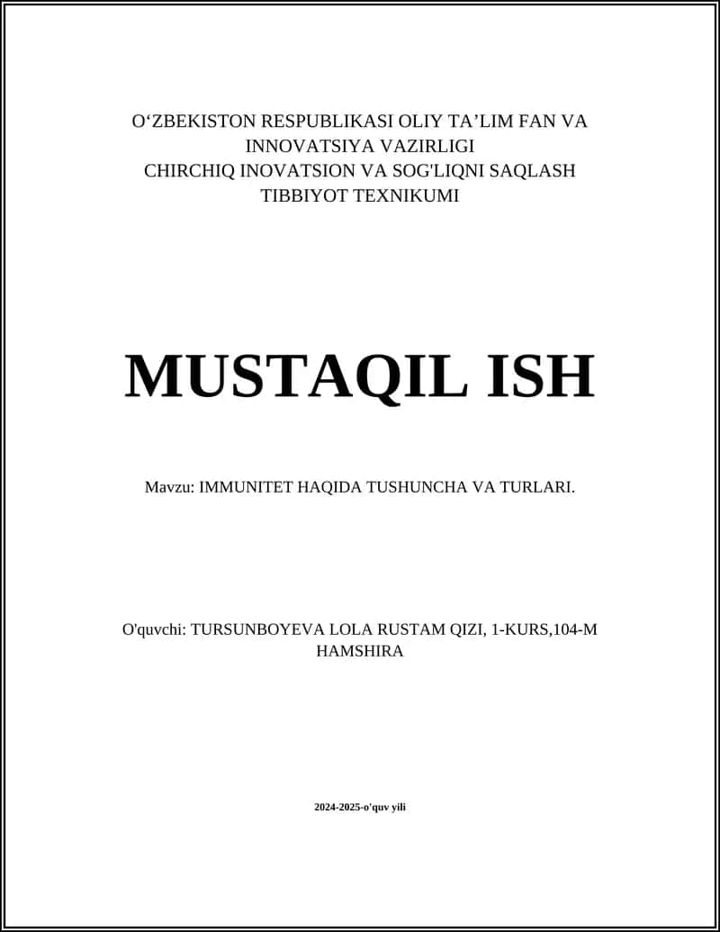 IMMUNITET HAQIDA TUSHUNCHA VA TURLARI 1