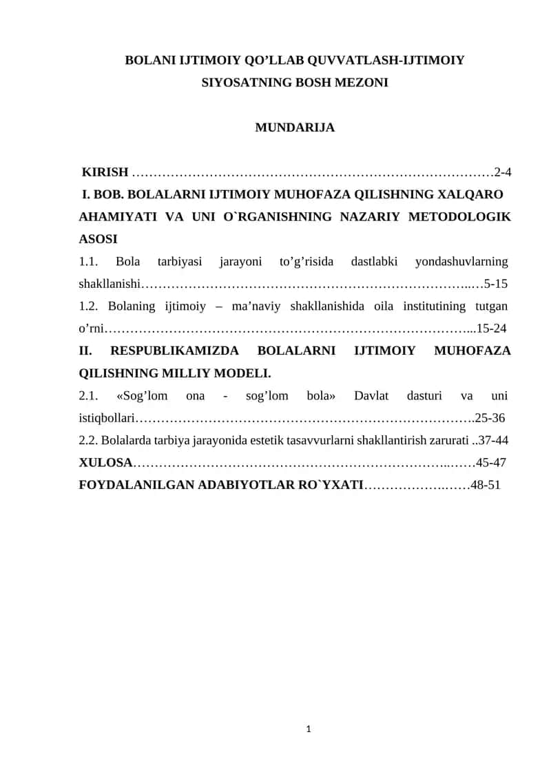BOLANI IJTIMOIY QOʼLLAB QUVVATLASH-IJTIMOIY SIYOSATNING BOSH MEZONI 1
