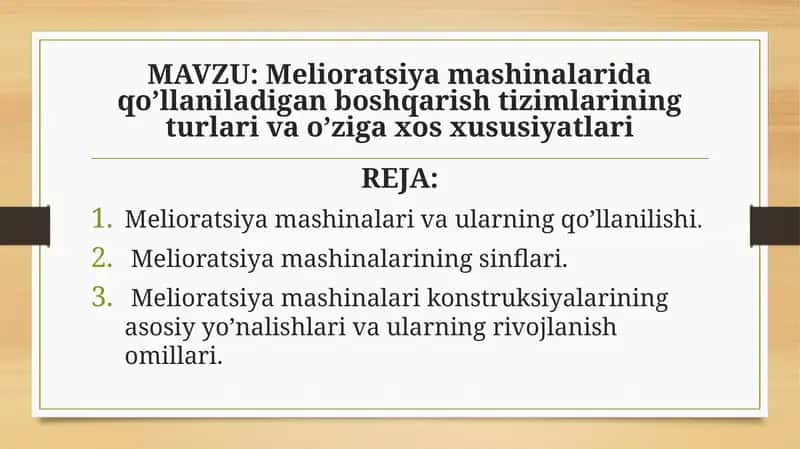 Melioratsiya mashinalarida qo’llaniladigan boshqarish tizimlarining turlari va o’ziga xos xusisiyatlari 1