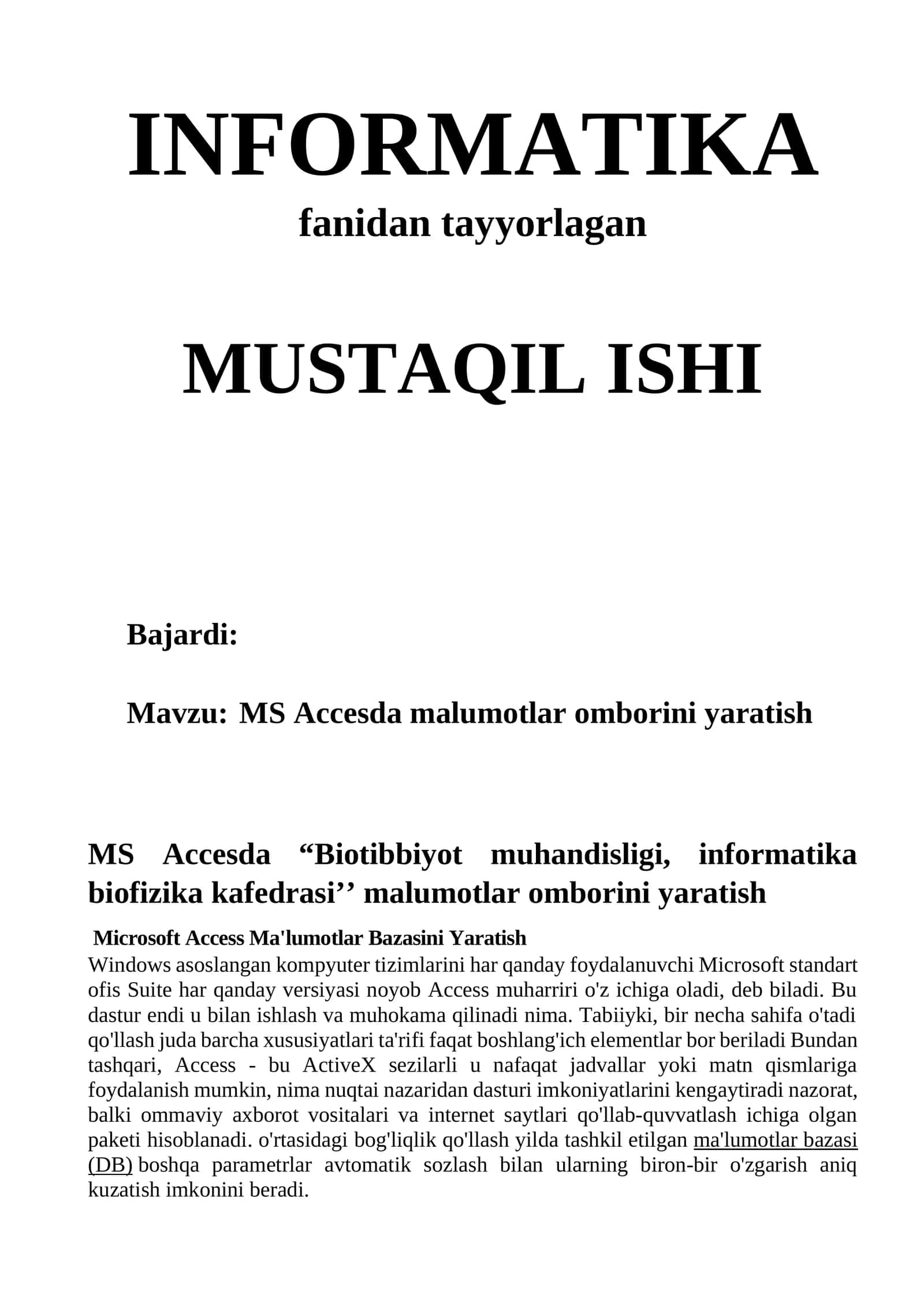 MS Accesda malumotlar omborini yaratish 1