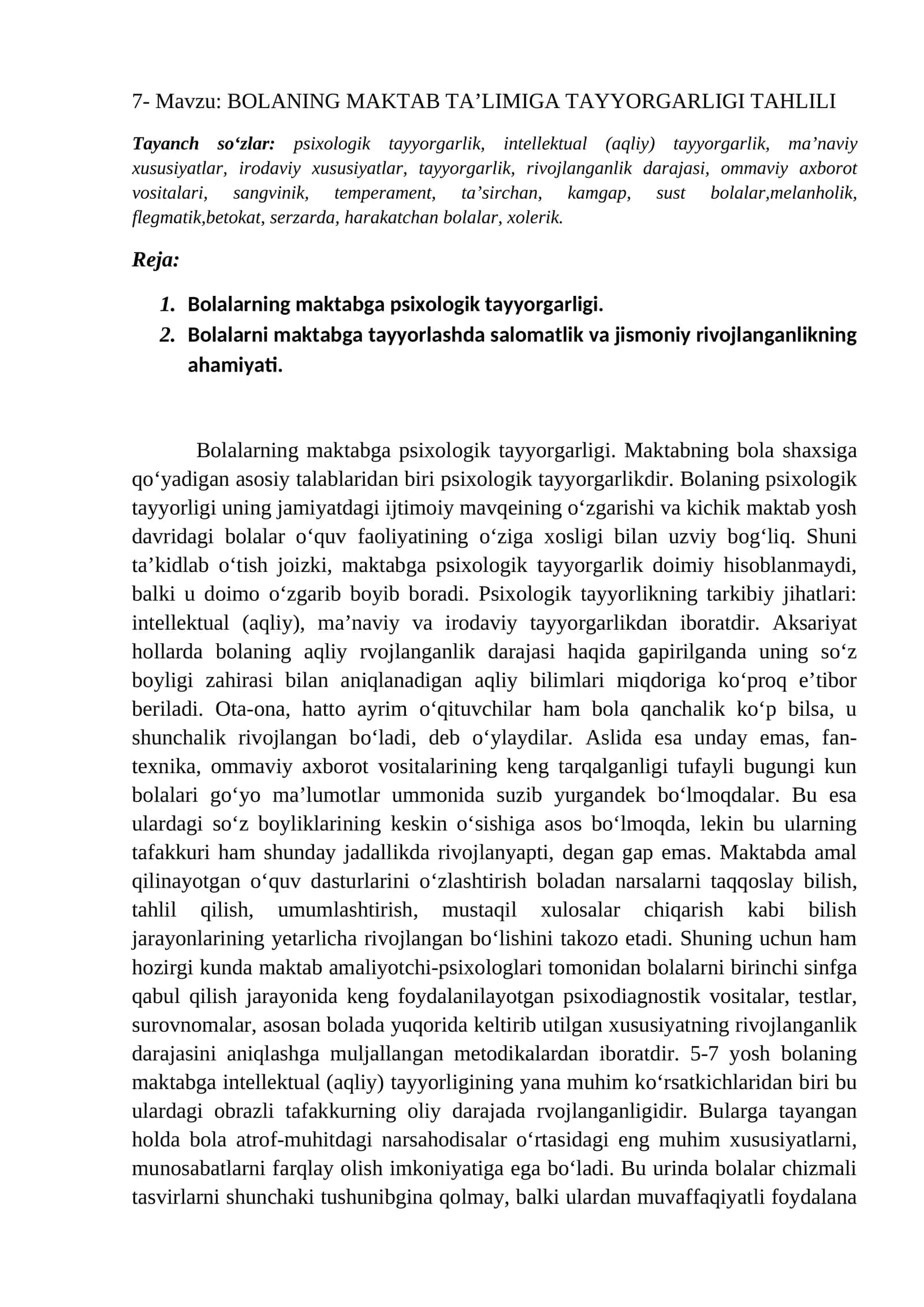BOLANING MAKTAB TA’LIMIGA TAYYORGARLIGI TAHLILI 1