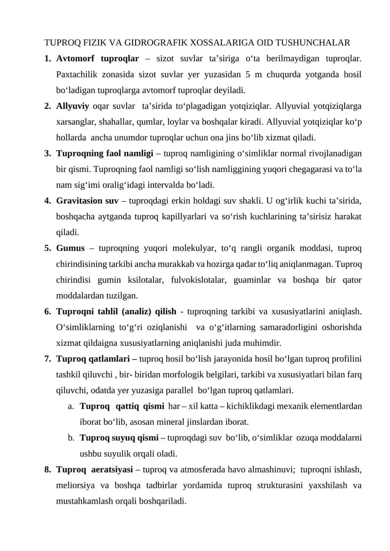 TUPROQ FIZIK VA GIDROGRAFIK XOSSALARIGA OID TUSHUNCHALAR 1
