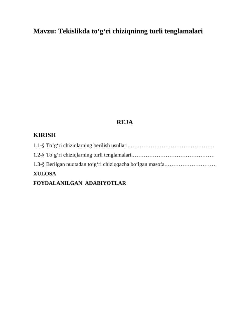 Tekislikda to‘g‘ri chiziqninng turli tenglamalari 1