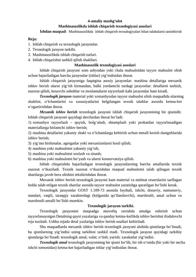 Mashinasozlikda ishlab chiqarish texnologiyasi asoslari 1