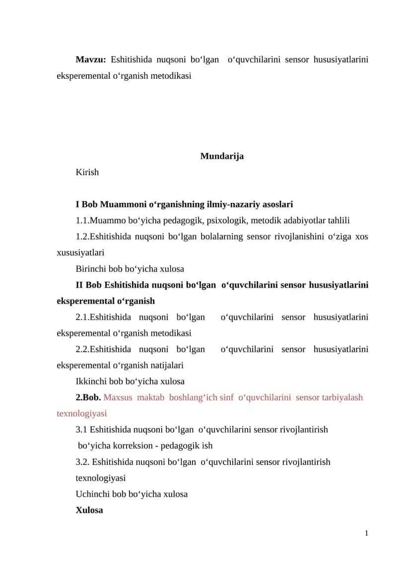 Eshitishida nuqsoni bo‘lgan o‘quvchilarini sensor hususiyatlarini eksperemental o‘rganish metodikasi 1