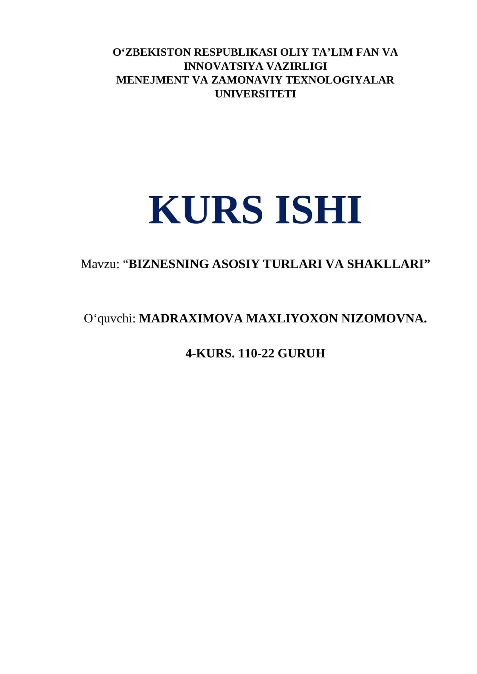 "BIZNESNING ASOSIY TURLARI VA SHAKLLARI" 1
