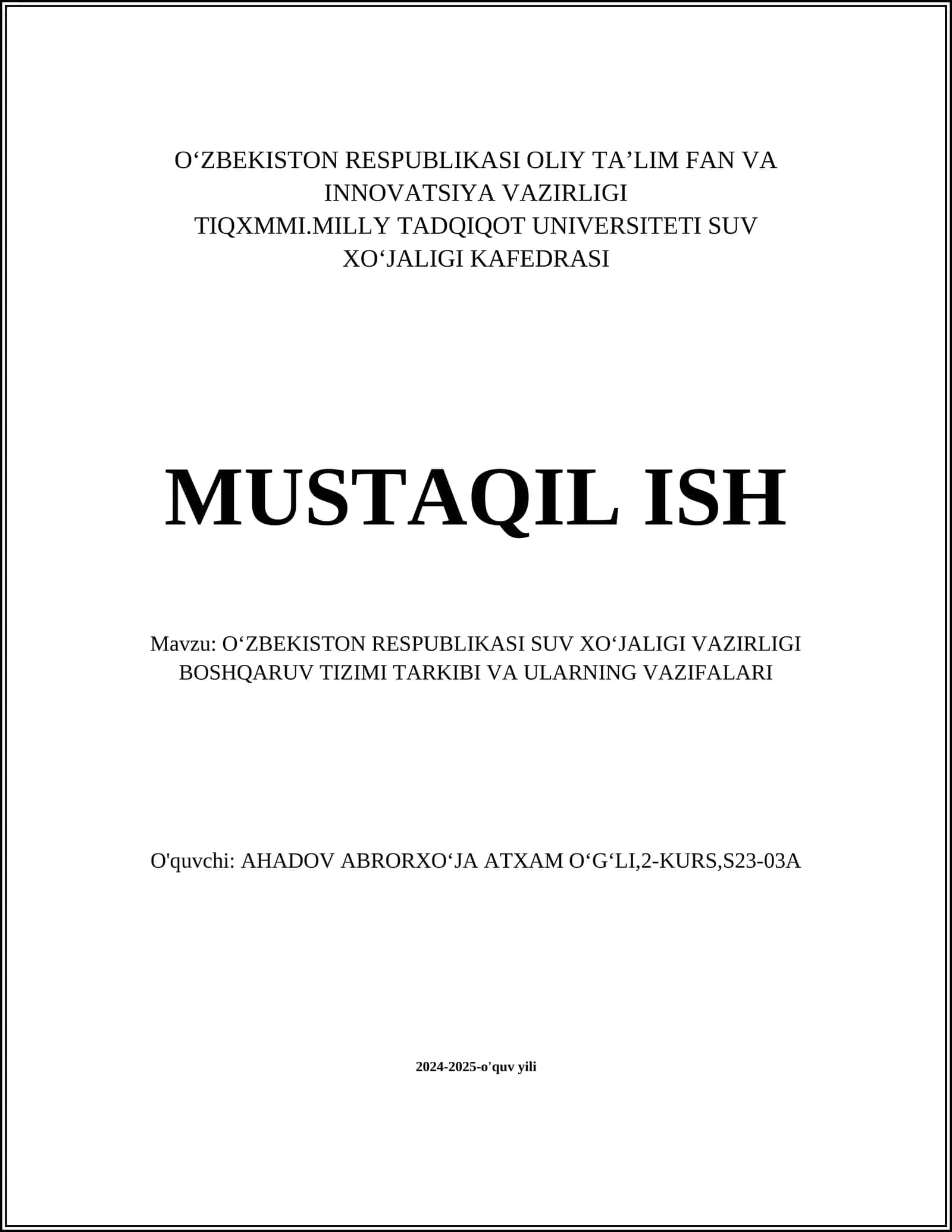 OʻZBEKISTON RESPUBLIKASI SUV XOʻJALIGI VAZIRLIGI BOSHQARUV TIZIMI TARKIBI VA ULARNING VAZIFALARI 1