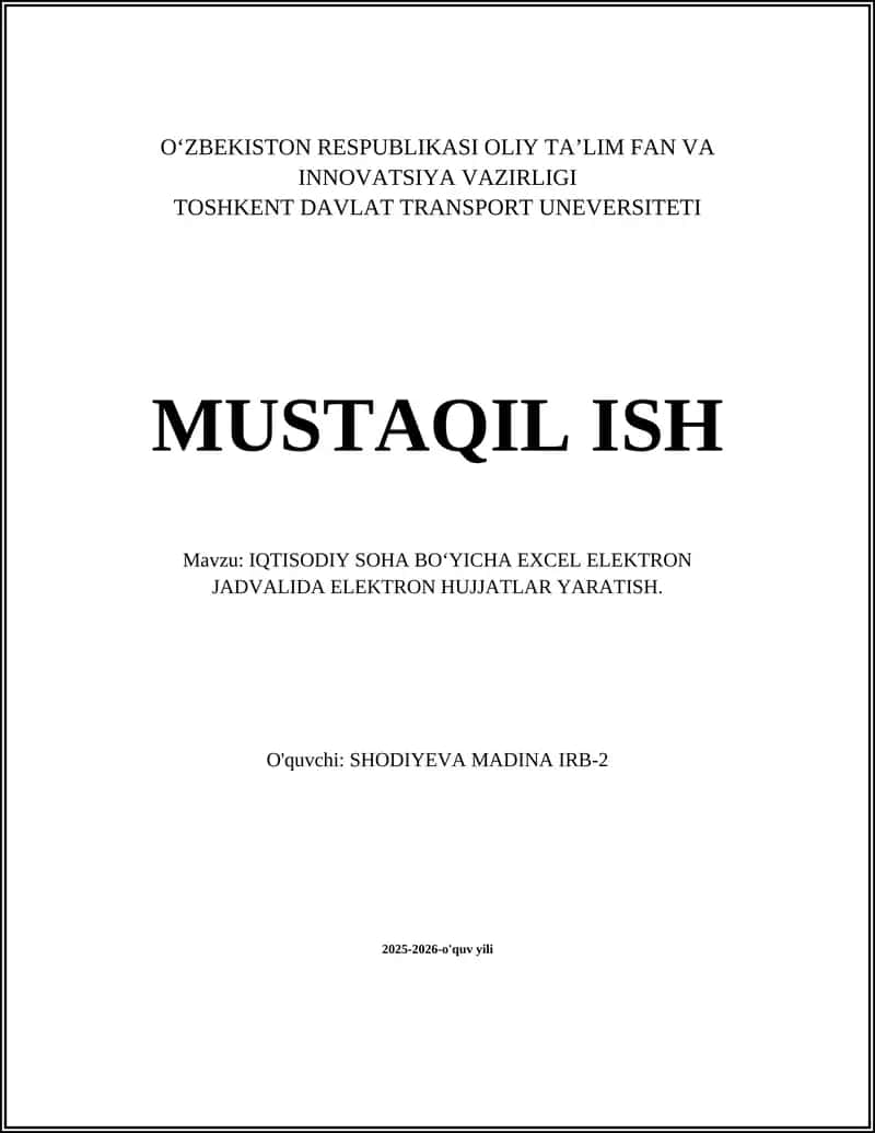 IQTISODIY SOHA BOʻYICHA EXCEL ELEKTRON JADVALIDA ELEKTRON HUJJATLAR YARATISH 1
