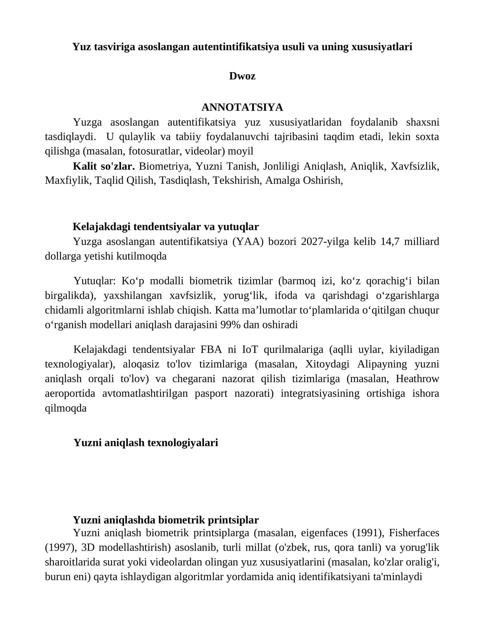 Yuzga asoslangan autentifikatsiya usuli va uning xususiyatlari 1