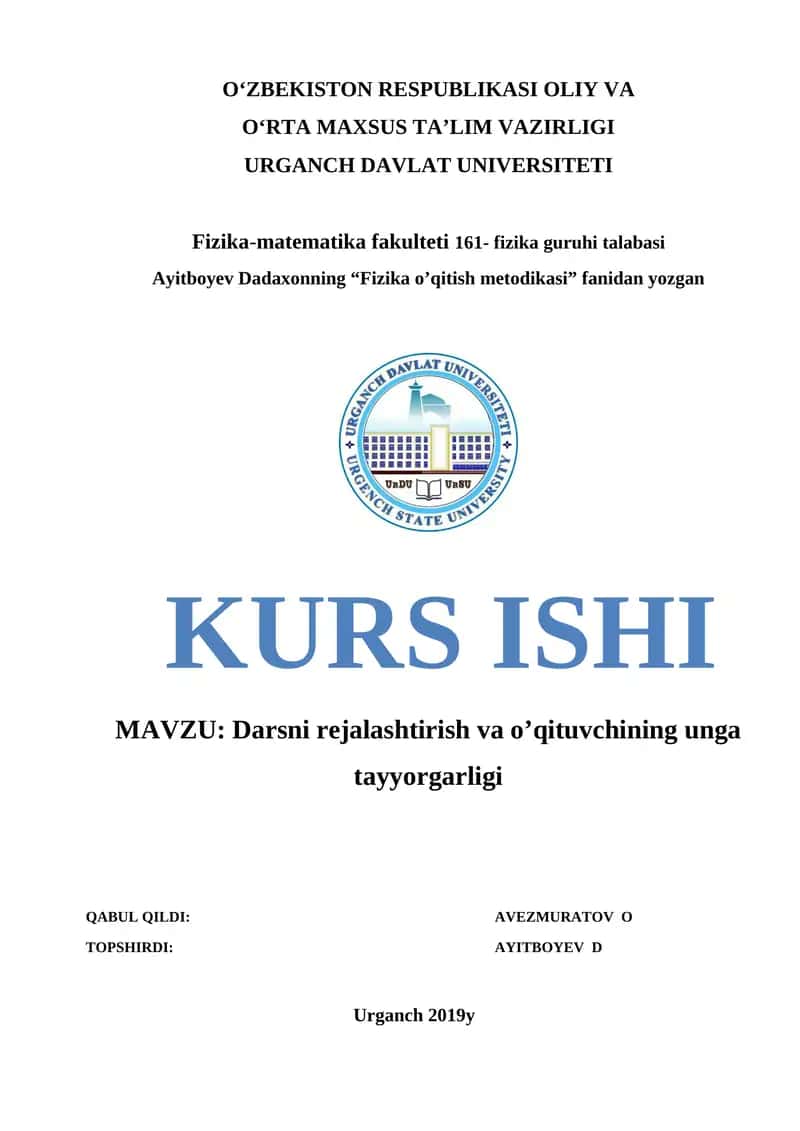 MAVZU: Darsni rejalashtirish va o’qituvchining unga tayyorgarligi 1