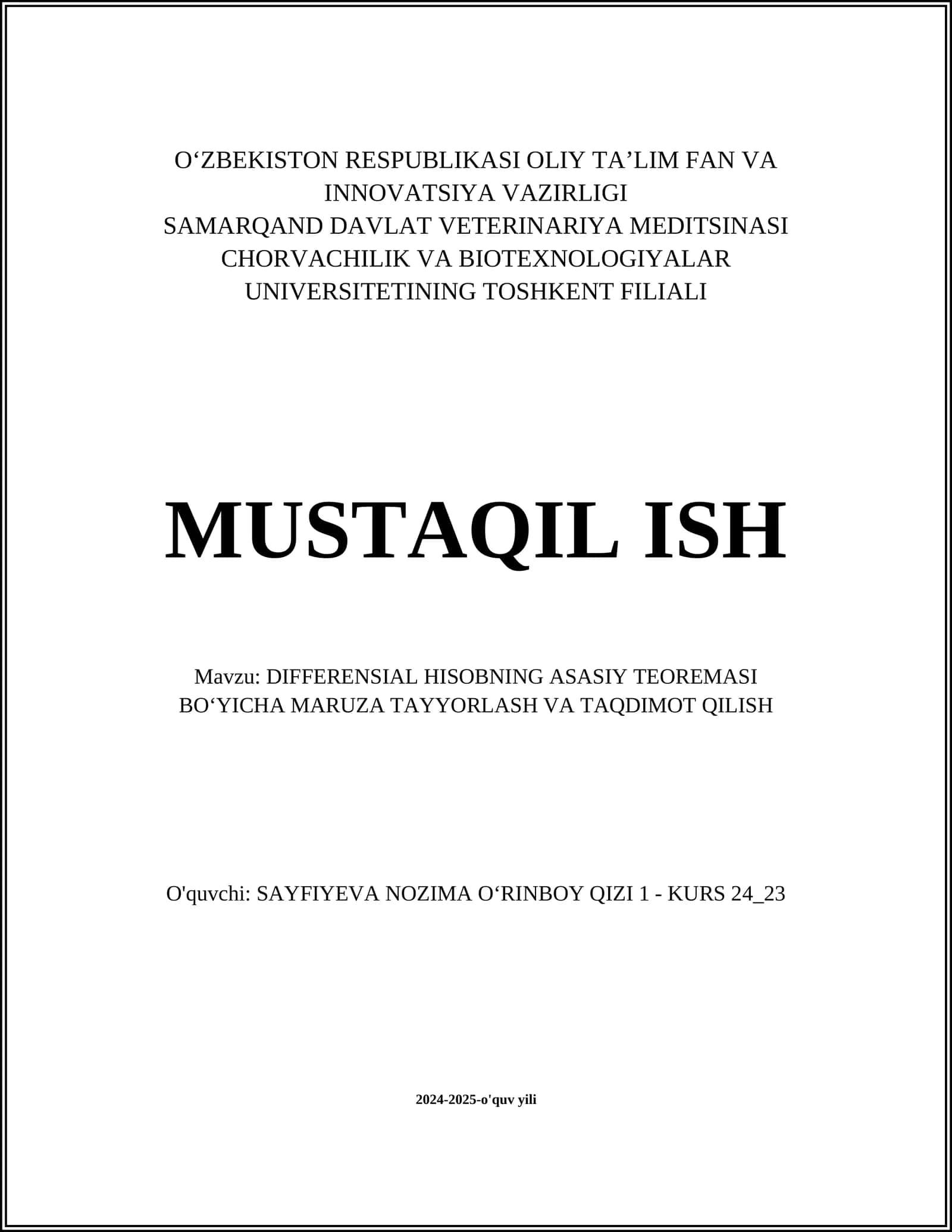 DIFFERENSIAL HISOBNING ASASIY TEOREMASI BOʻYICHA MARUZA TAYYORLASH VA TAQDIMOT QILISH 1